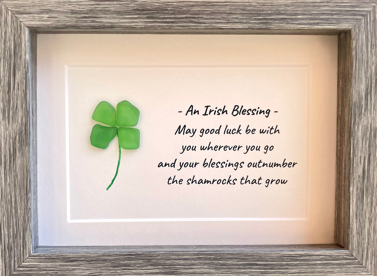 Irish Blessing Shamrock Sea Glass Art, 5x7 Framed Picture, St Patrick’s Day, Ireland