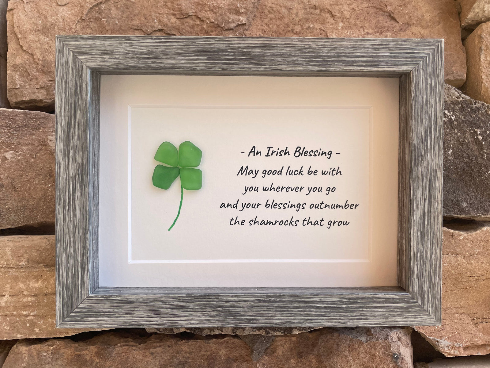 Irish Blessing Shamrock Sea Glass Art, 5x7 Framed Picture, St Patrick’s Day, Ireland