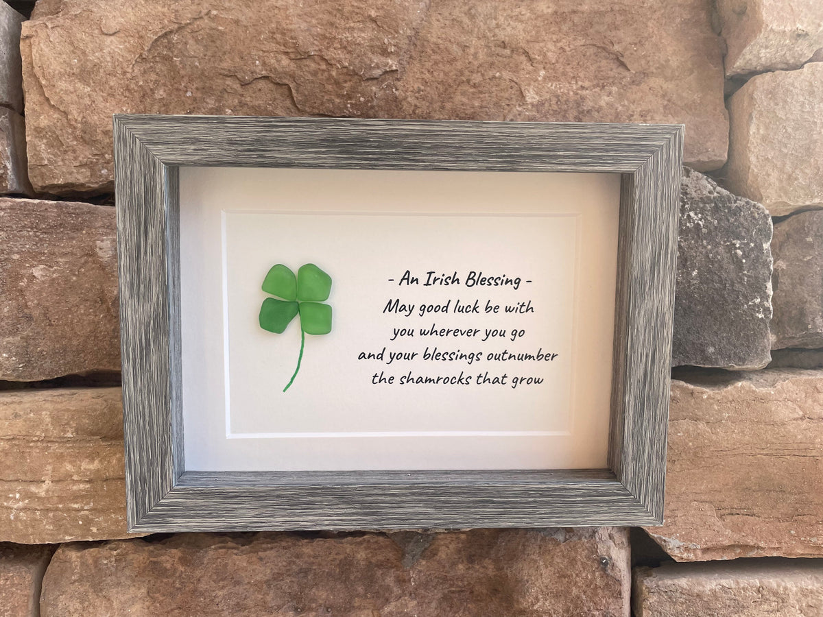 Irish Blessing Shamrock Sea Glass Art, 5x7 Framed Picture, St Patrick’s Day, Ireland