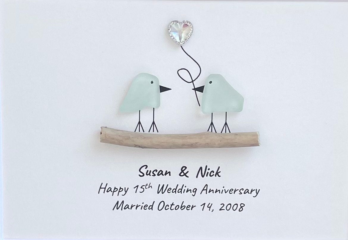 15th Wedding Anniversary Personalized Gift, Fifteenth Crystal Anniversary Sea Glass Art, Framed Gift for Wife, Husband, Parents, Friends