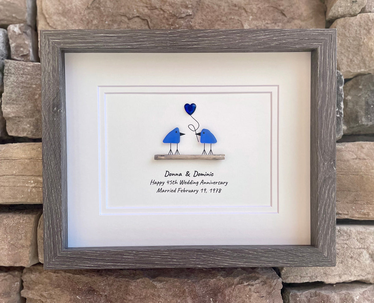 65th Wedding Anniversary Personalized Gift, 8x10” Framed Sea Glass Art, Blue Sapphire Anniversary Gift for Parents, Wife, Husband