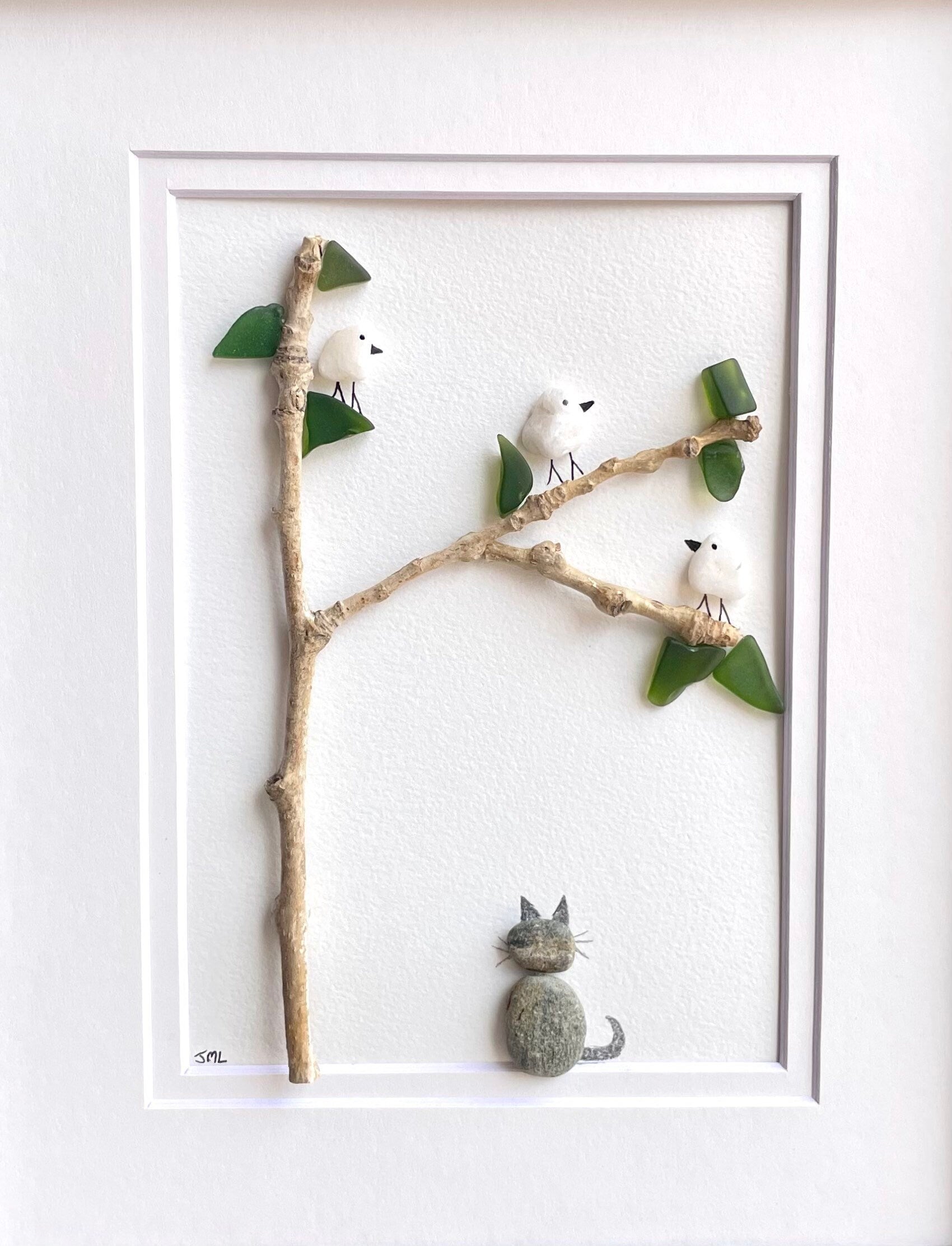 Pebble Art Cat Watching Birds, Framed Sea Glass and Driftwood, 8x10