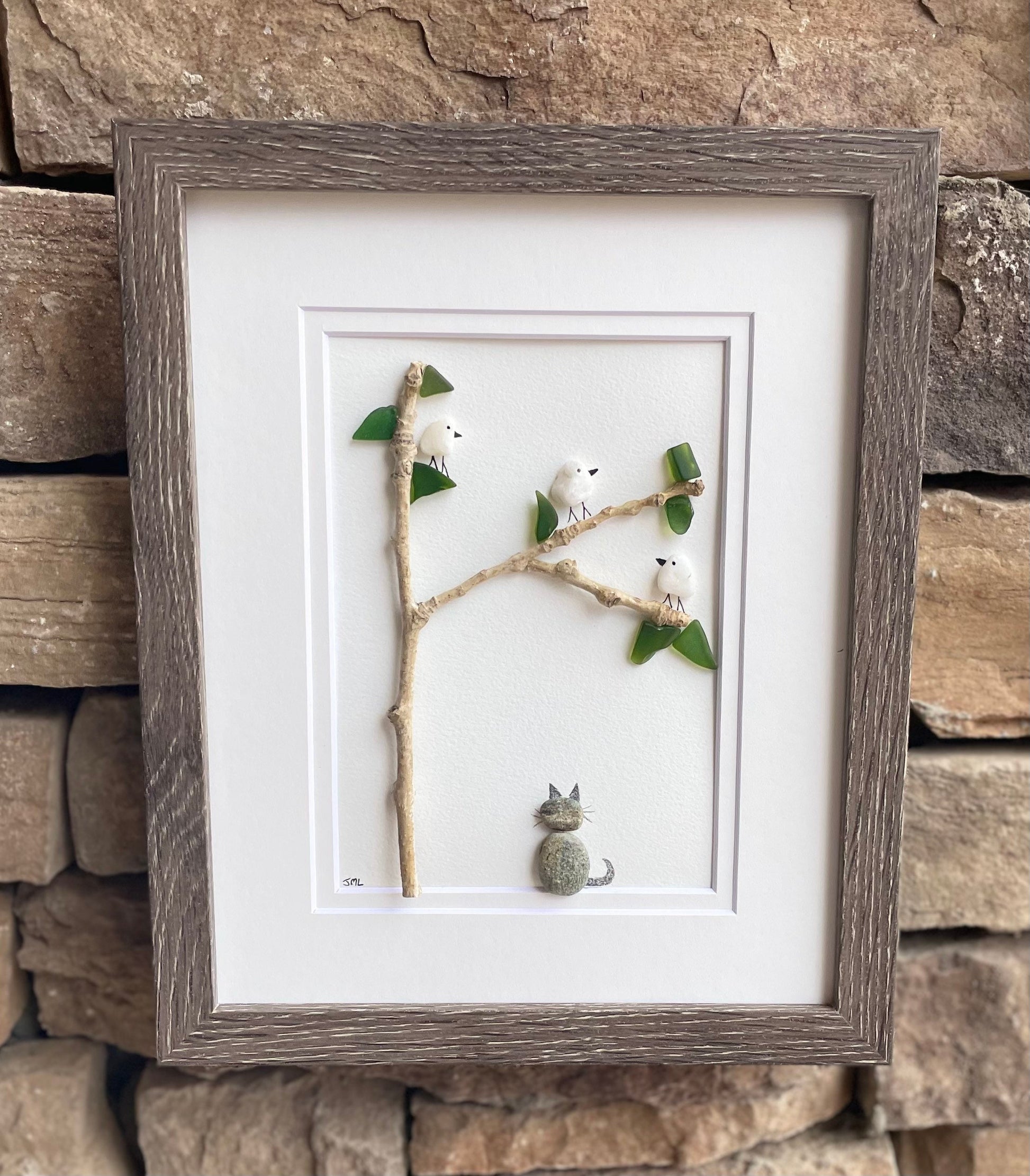 Pebble Art Cat Watching Birds, Framed Sea Glass and Driftwood, 8x10