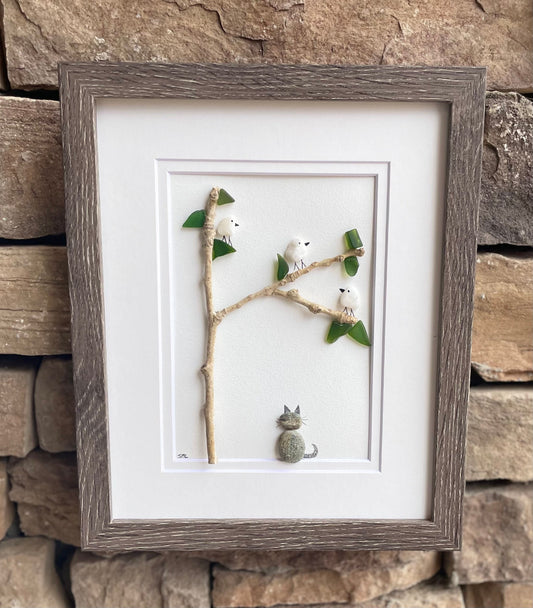 Cat Watching Birds in a Tree | Cat Artwork Made from Sea Glass, Pebbles and Driftwood | Perfect Gift for Cat Lovers | 8x10 Pebble Art