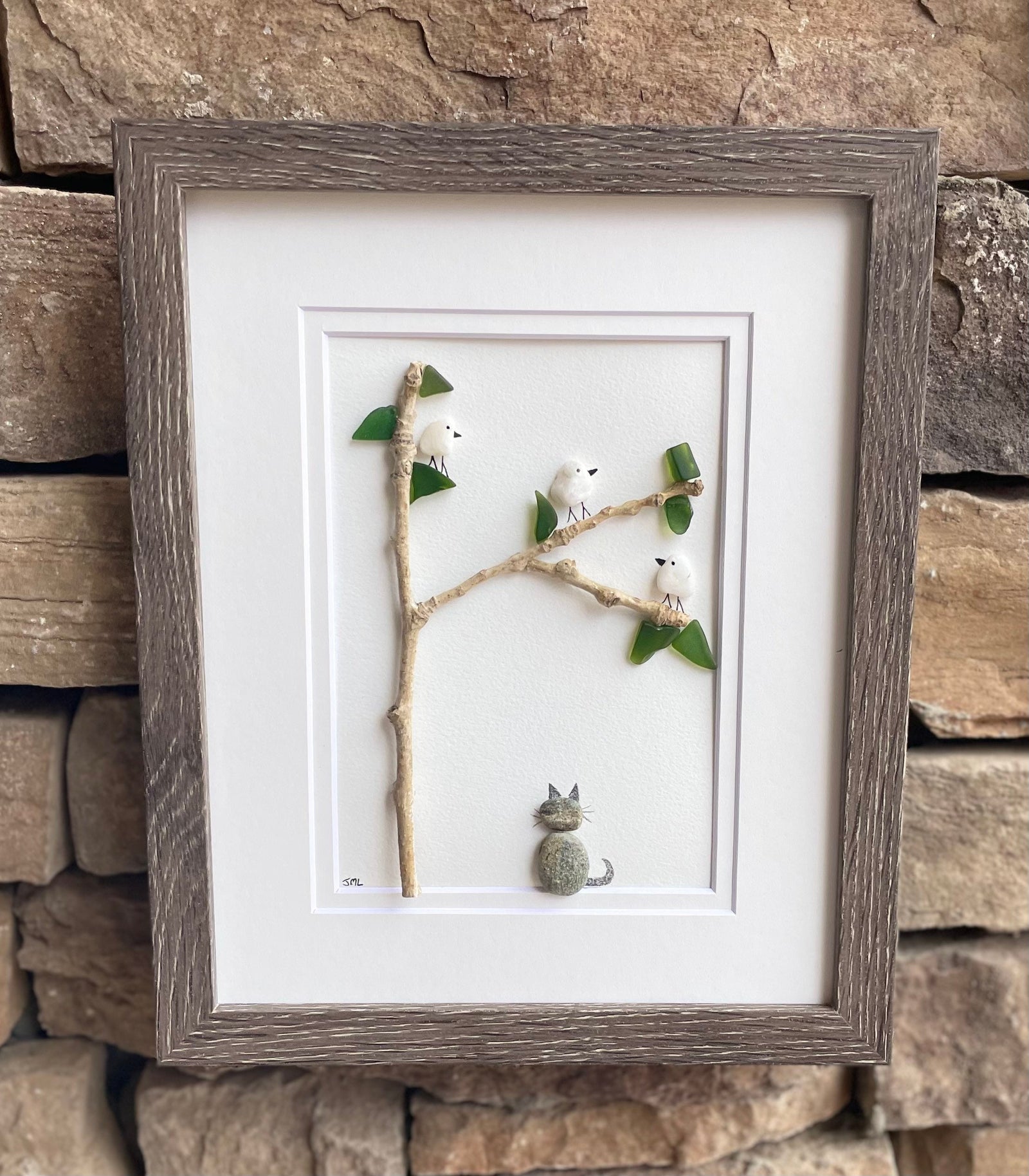 Cat Watching Birds in a Tree | Cat Artwork Made from Sea Glass, Pebbles and Driftwood | Perfect Gift for Cat Lovers | 8x10 Pebble Art
