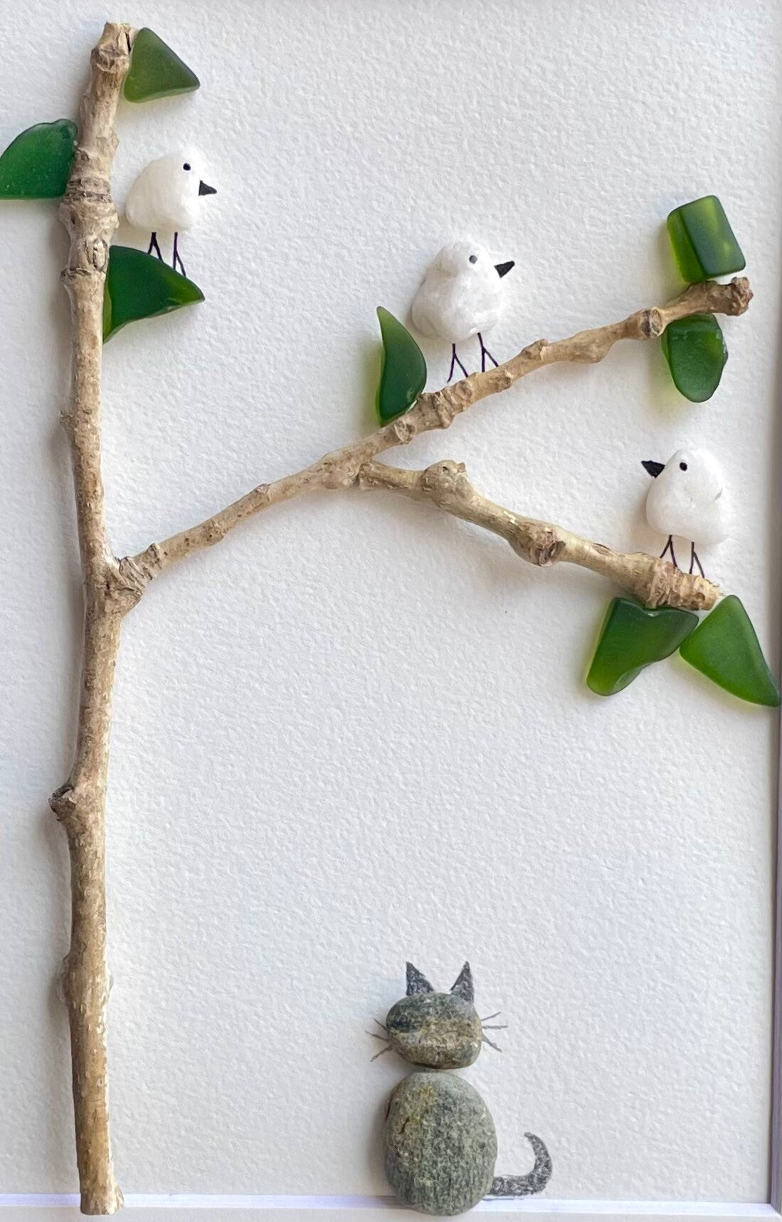 Pebble Art Cat Watching Birds, Framed Sea Glass and Driftwood, 8x10
