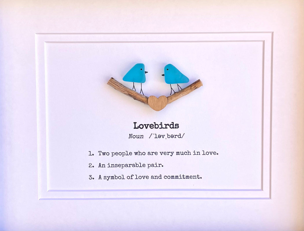 Lovebirds Sea Glass Art Showing Two Birds in Love, Framed 8x10 Valentine’s Day Gift, Unique Romantic Artwork