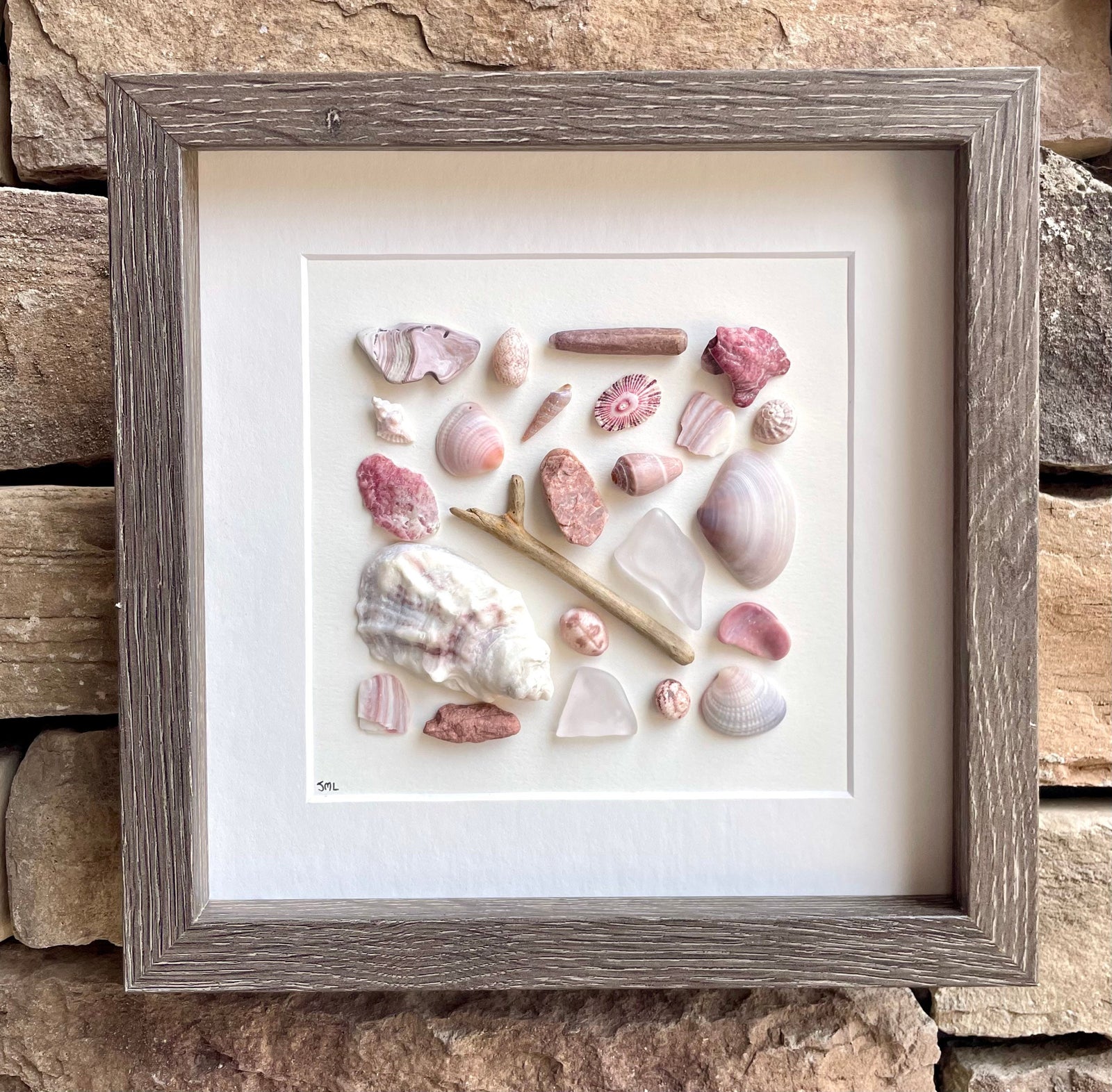 Pink and Purple Beach Art Shells, Sea Glass and Pottery Art, 9x9 Minimalist Beach Decor