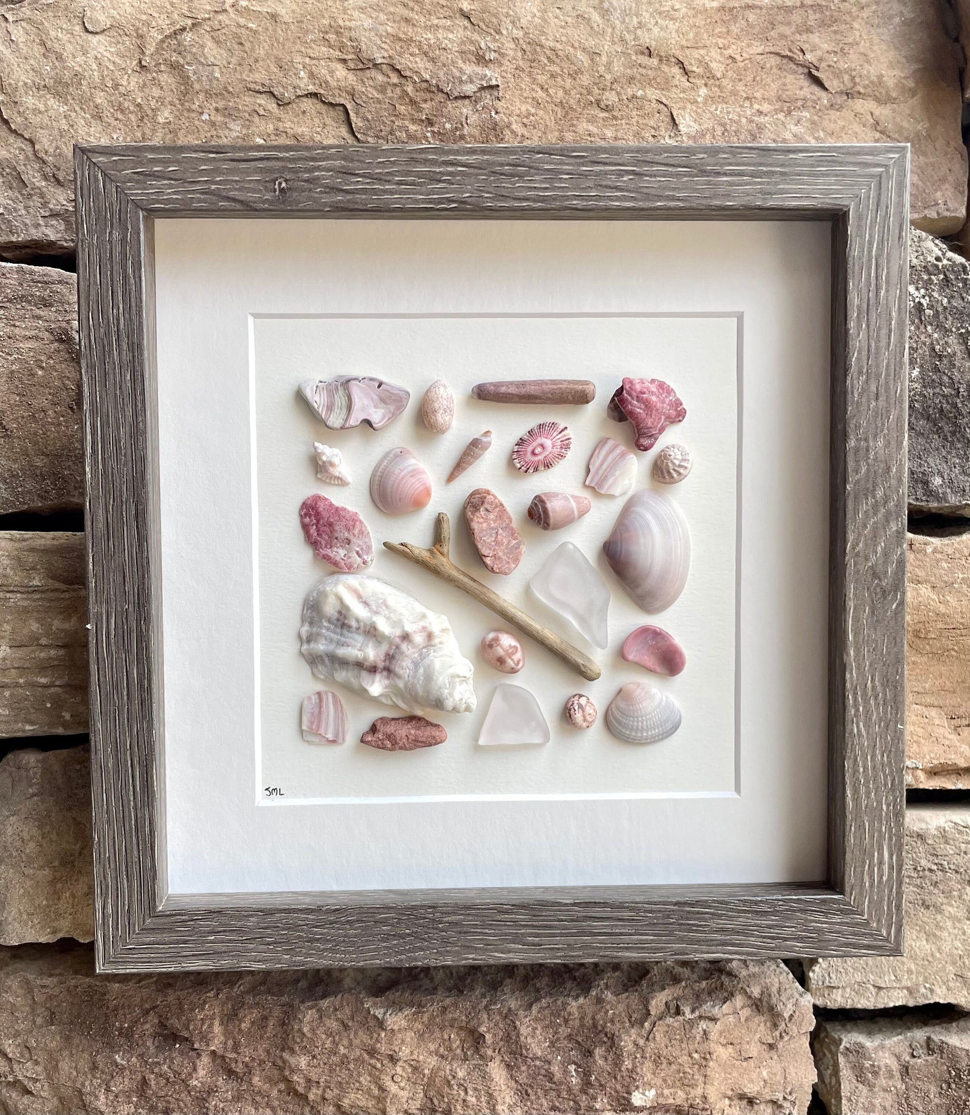 Pink and Purple Beach Art Shells, Sea Glass and Pottery Art, 9x9 Minimalist Beach Decor