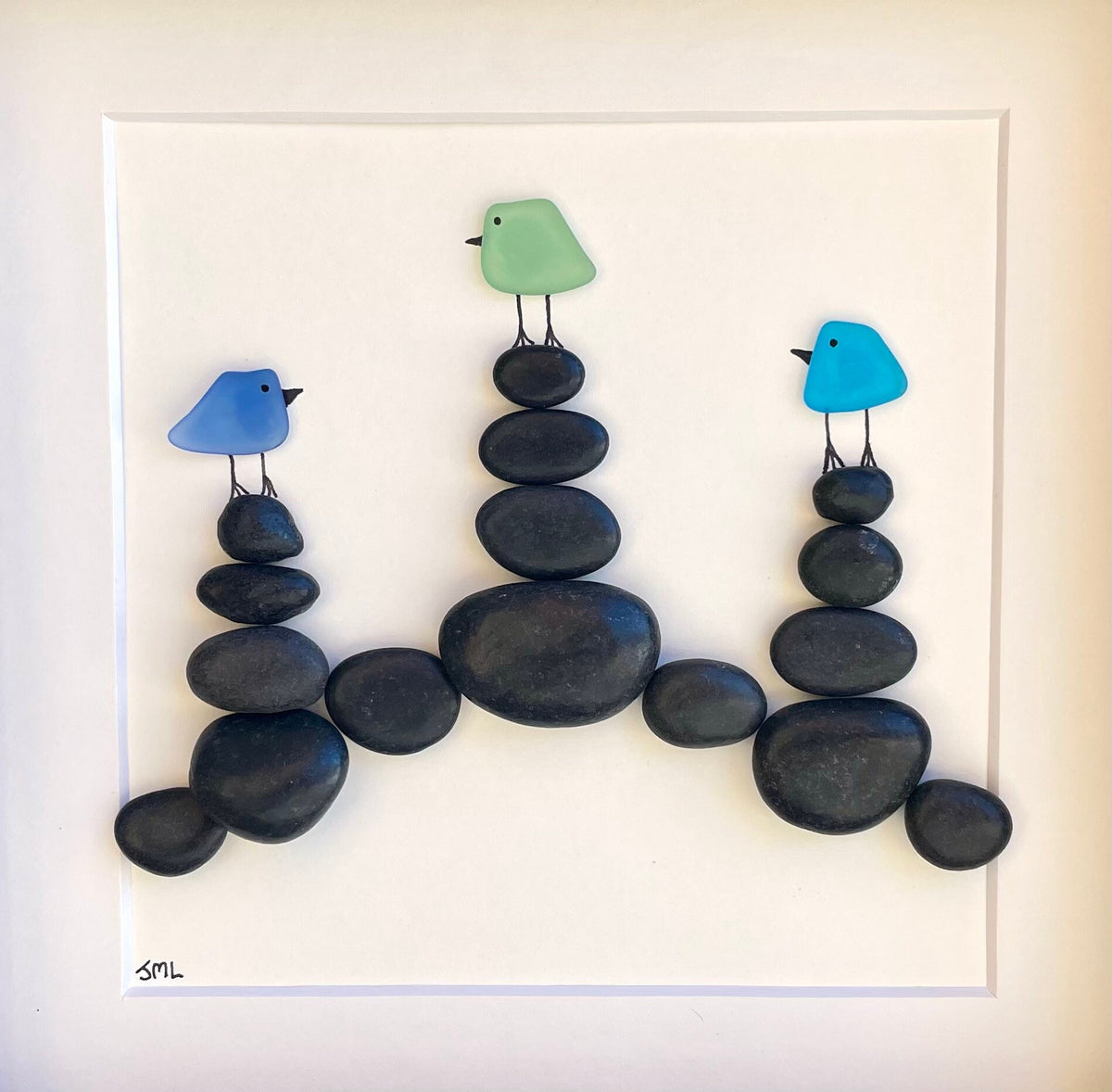 Sea Glass Birds on Rock Cairns, 8 x 8” Framed Original Handmade Artwork, Minimalist Beach Decor