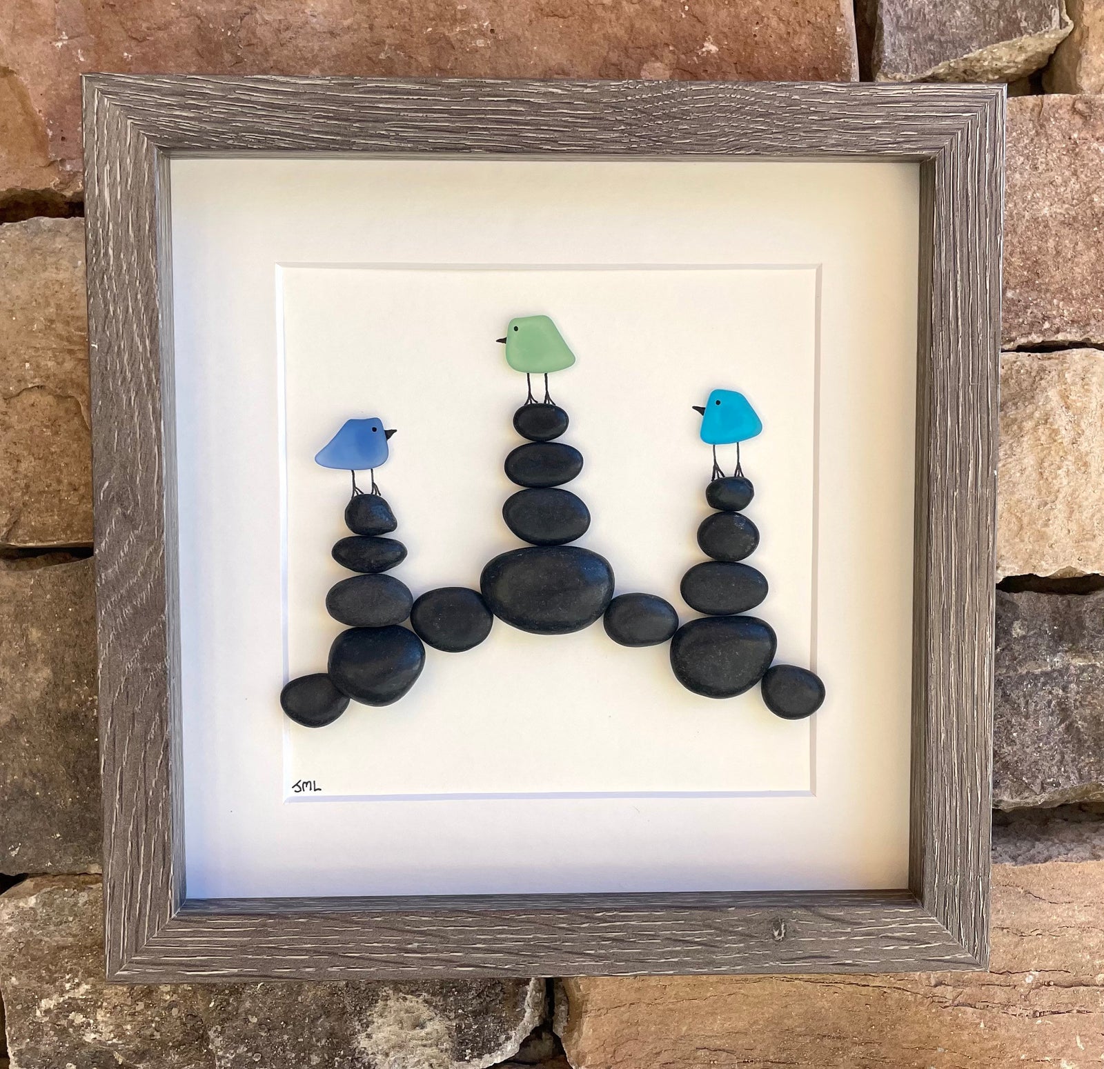 Sea Glass Birds on Rock Cairns, 8 x 8” Framed Original Handmade Artwork, Minimalist Beach Decor