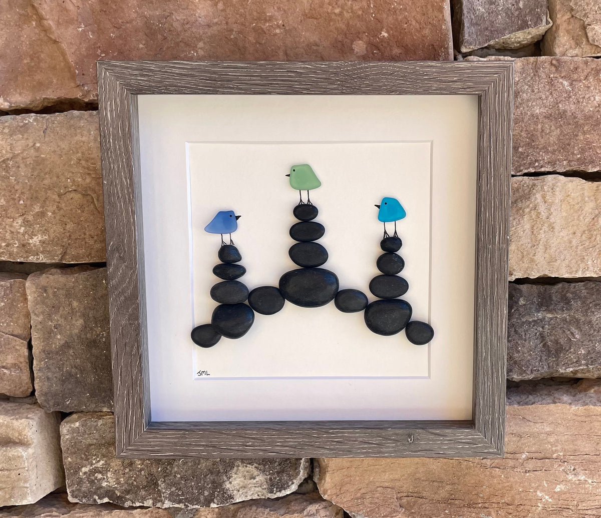 Sea Glass Birds on Rock Cairns, 8 x 8” Framed Original Handmade Artwork, Minimalist Beach Decor