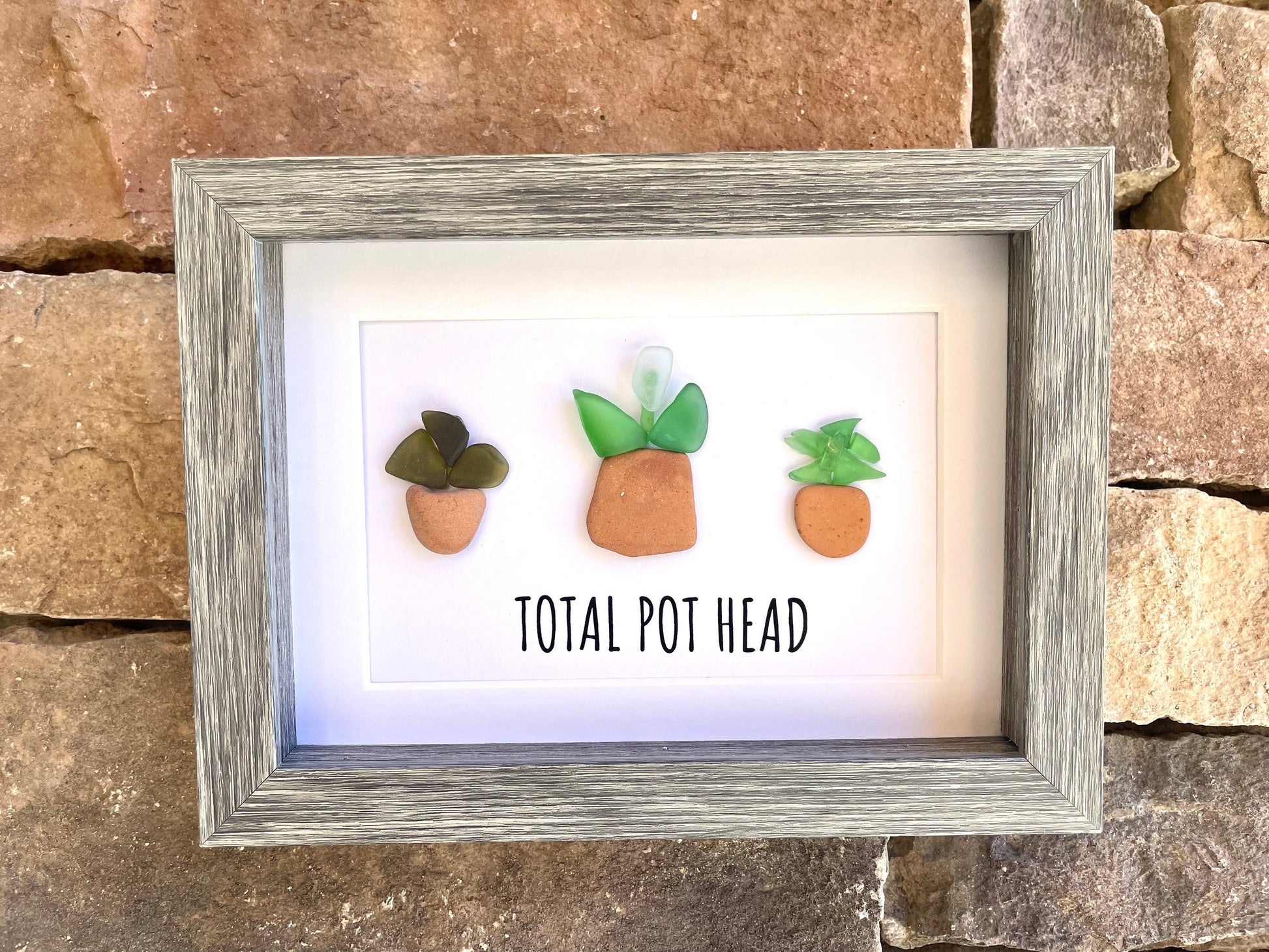 Total Pot Head Sea Glass Art, 5x7 Framed Gift for Gardener, Plant Lover