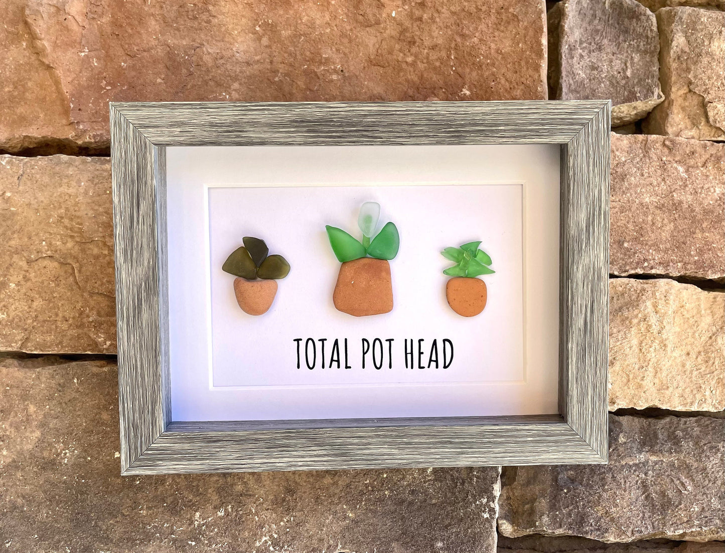 Total Pot Head Sea Glass Art, 5x7 Framed Gift for Gardener, Plant Lover