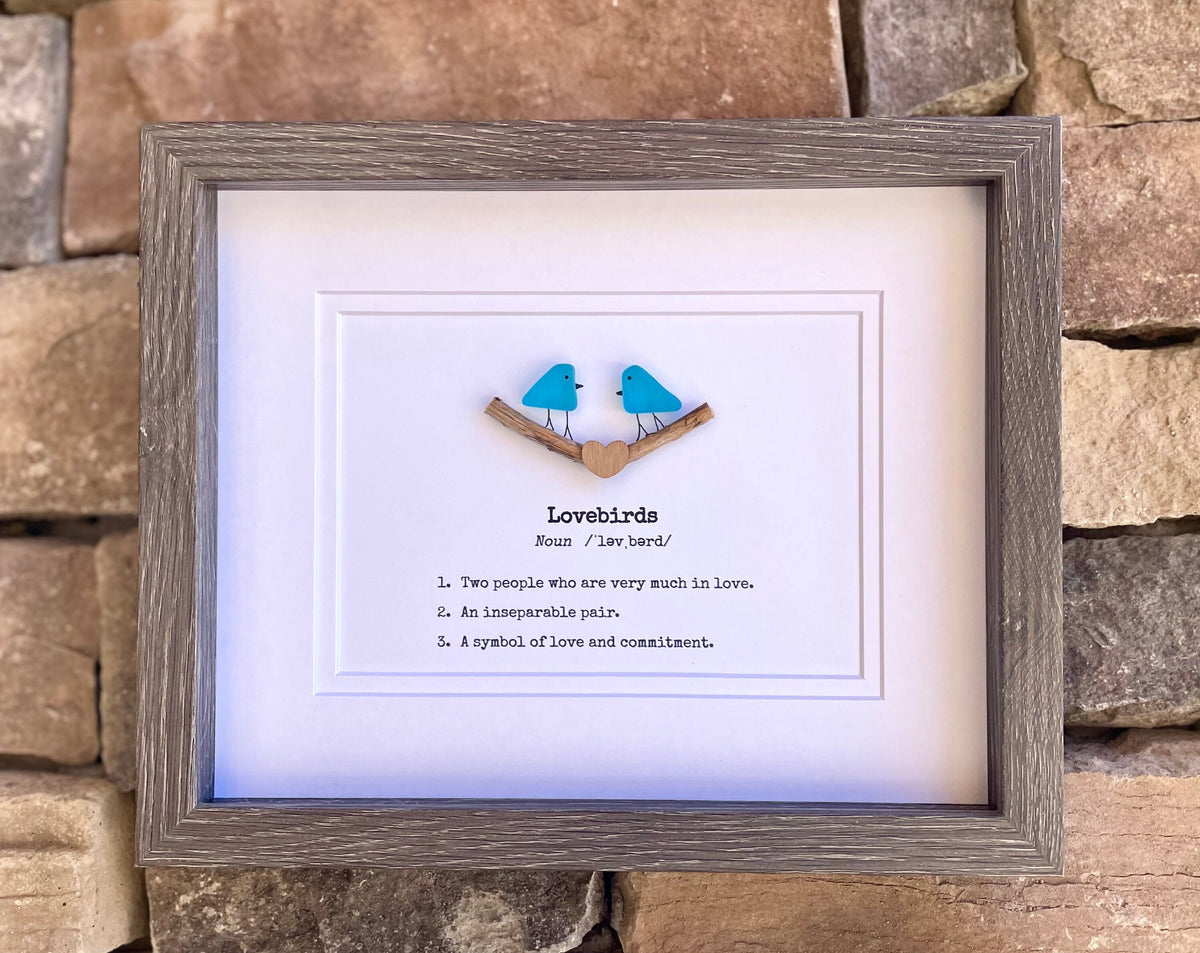 Lovebirds Sea Glass Art Showing Two Birds in Love, Framed 8x10 Valentine’s Day Gift, Unique Romantic Artwork