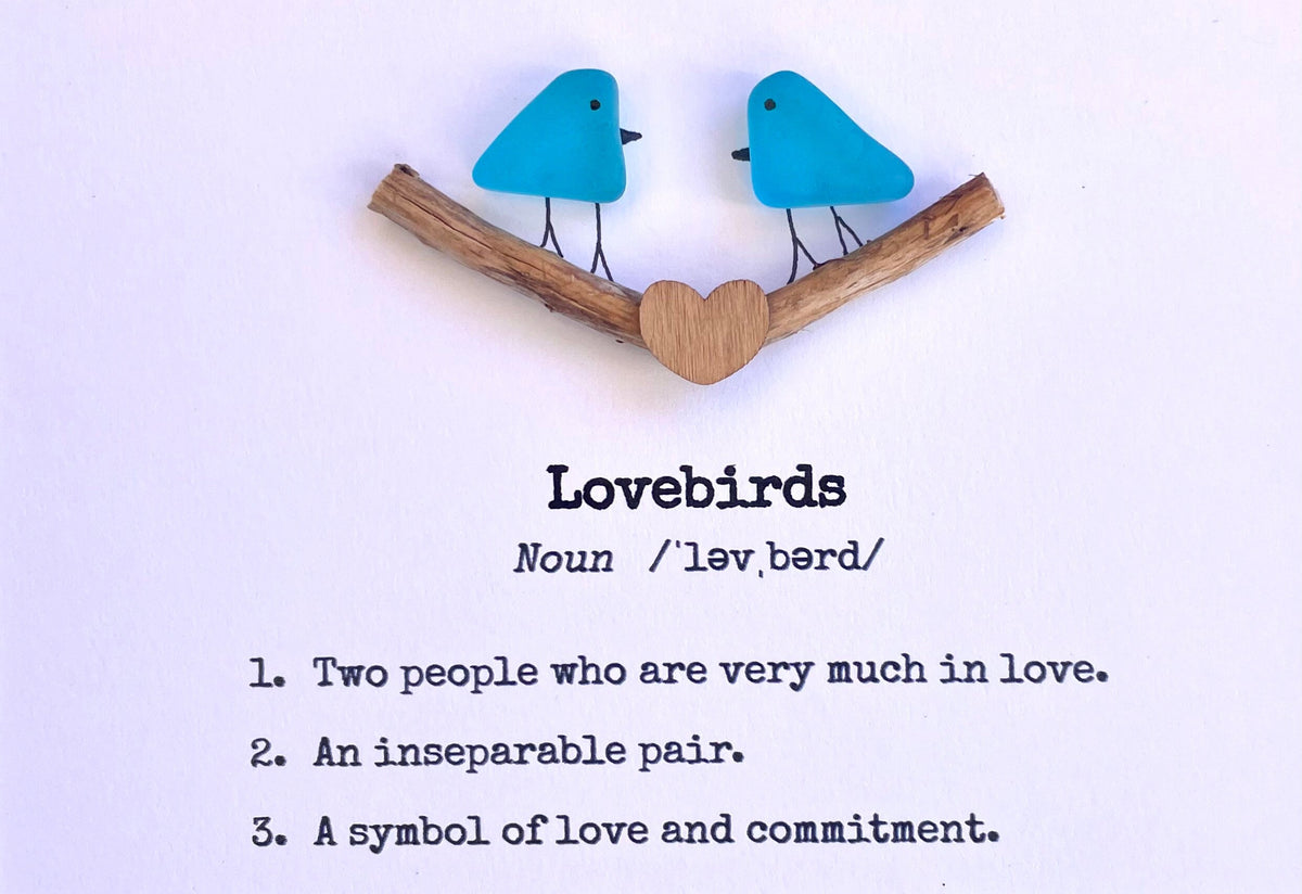 Lovebirds Sea Glass Art Showing Two Birds in Love, Framed 8x10 Valentine’s Day Gift, Unique Romantic Artwork