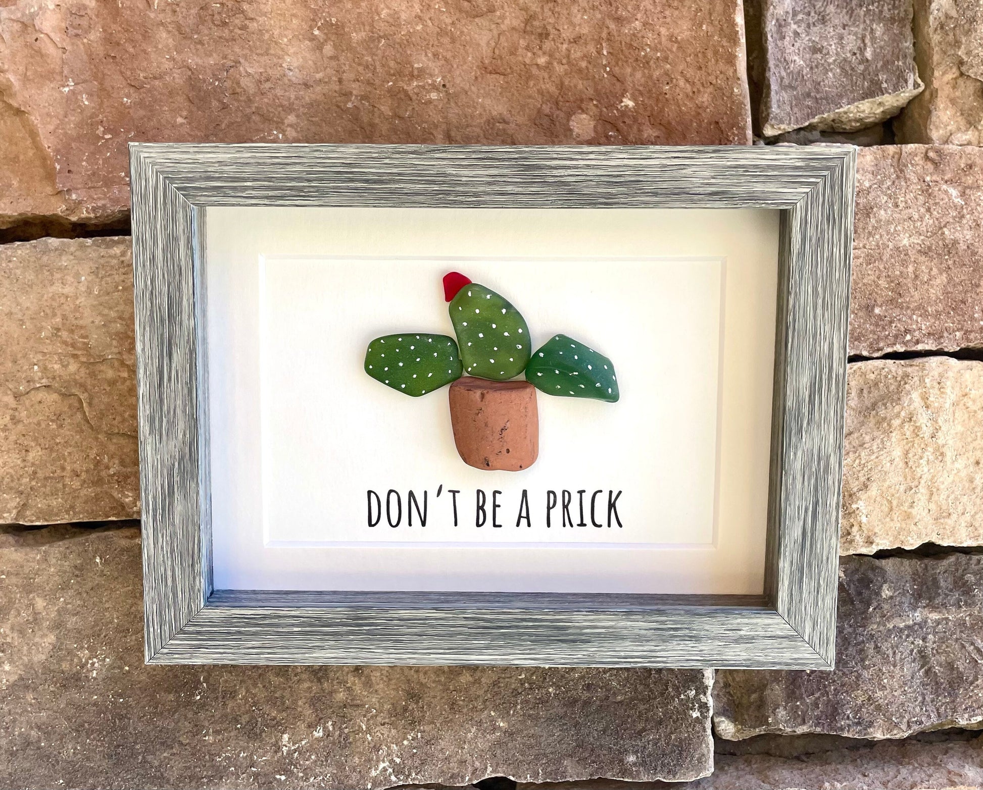 Sea Glass Cactus Art, Funny Framed Modern Artwork (5x7)