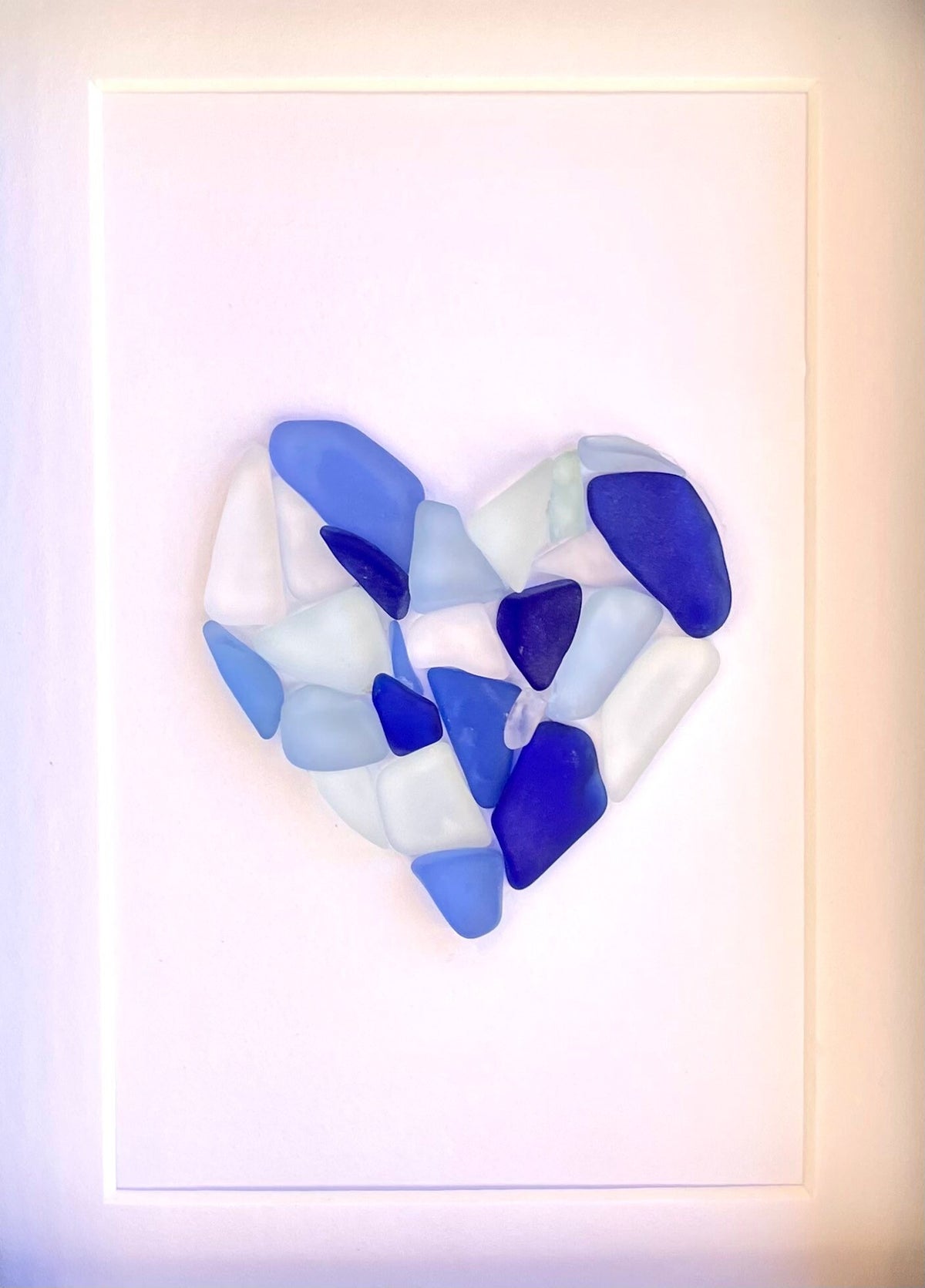 Sea Glass Love Heart in Shades of Blue, Framed 5 x7” Original Artwork, Perfect Gift for Loved One or Anyone That Loves the Beach