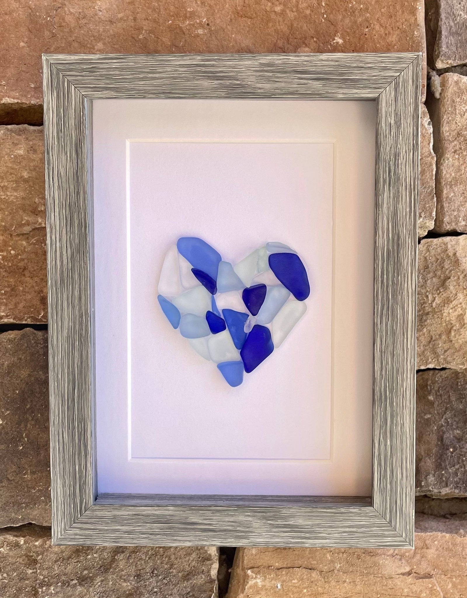 Sea Glass Love Heart in Shades of Blue, Framed 5 x7” Original Artwork, Perfect Gift for Loved One or Anyone That Loves the Beach