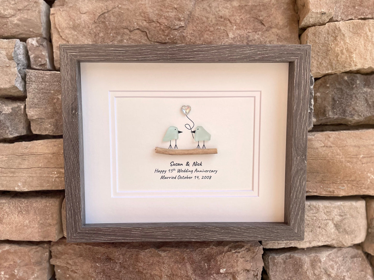 15th Wedding Anniversary Personalized Gift, Fifteenth Crystal Anniversary Sea Glass Art, Framed Gift for Wife, Husband, Parents, Friends