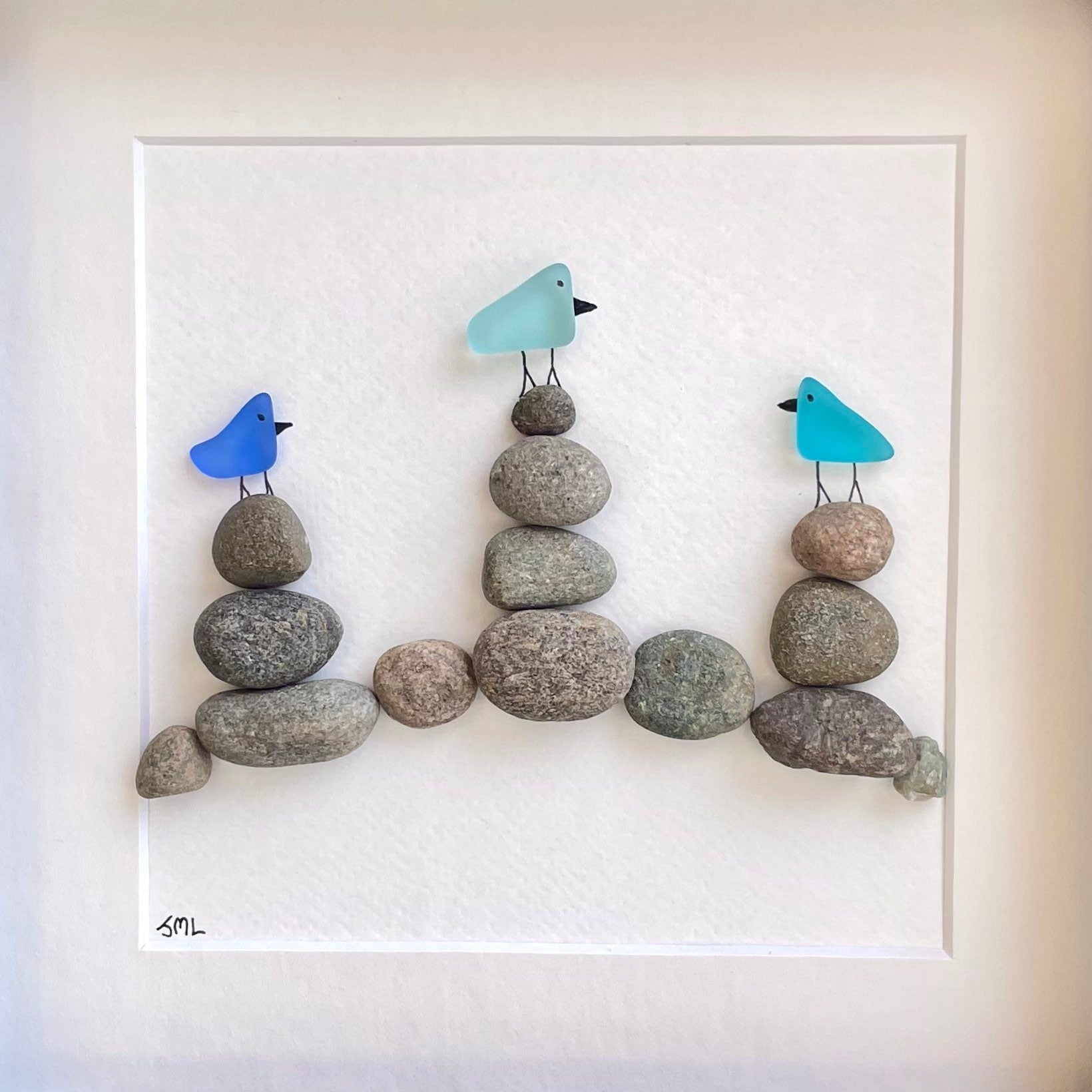 Sea Glass Birds on Rock Piles, 9 x 9 Framed Original Handmade Pebble Beach Art, Minimalist Beach Decor