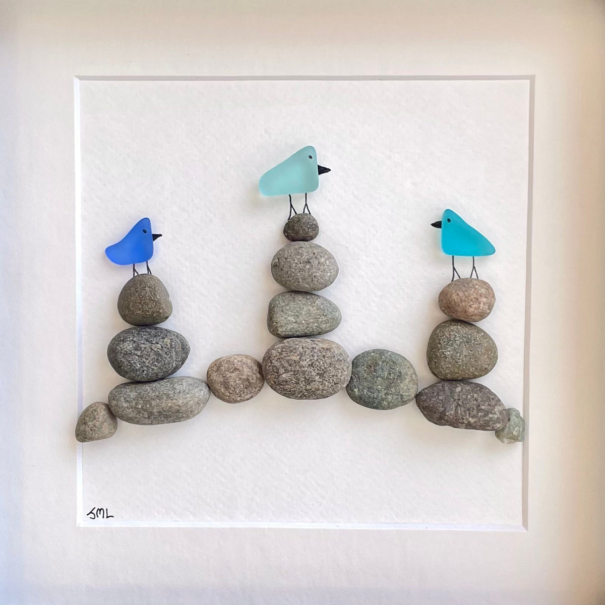 Sea Glass Birds on Rock Piles, 9 x 9 Framed Original Handmade Pebble Beach Art, Minimalist Beach Decor