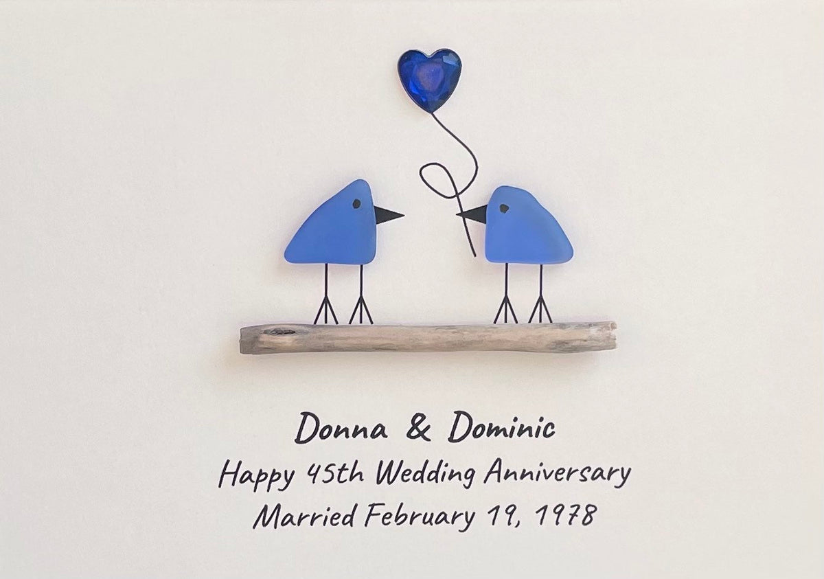 65th Wedding Anniversary Personalized Gift, 8x10” Framed Sea Glass Art, Blue Sapphire Anniversary Gift for Parents, Wife, Husband