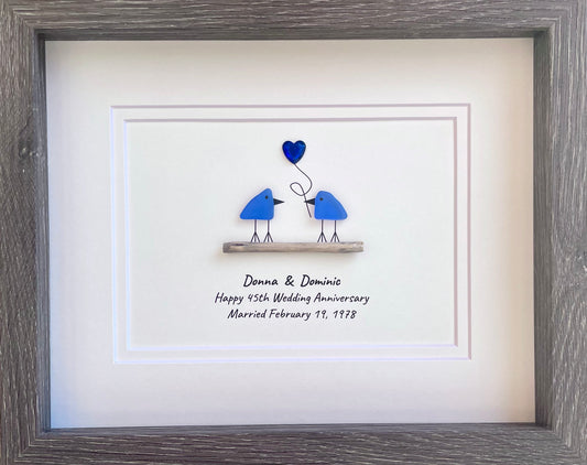65th Wedding Anniversary Personalized Gift, 8x10” Framed Sea Glass Art, Blue Sapphire Anniversary Gift for Parents, Wife, Husband