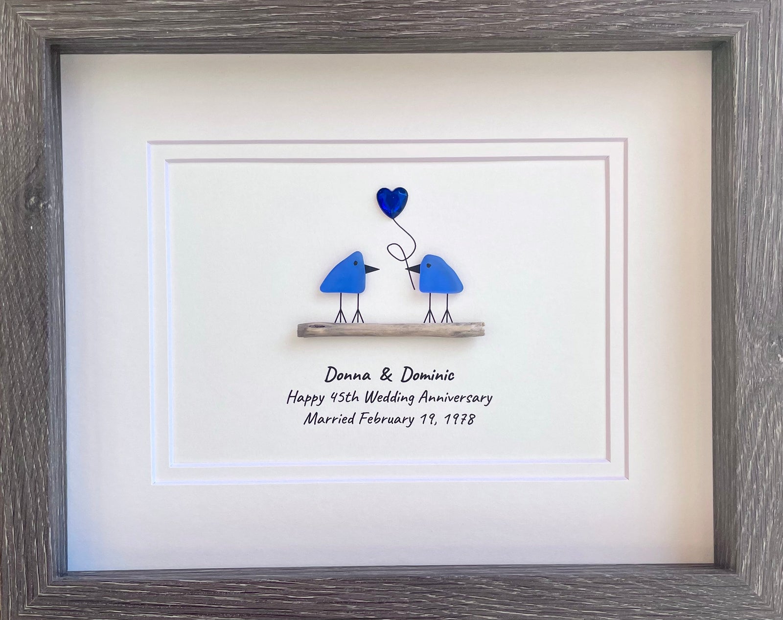 65th Wedding Anniversary Personalized Gift, 8x10” Framed Sea Glass Art, Blue Sapphire Anniversary Gift for Parents, Wife, Husband