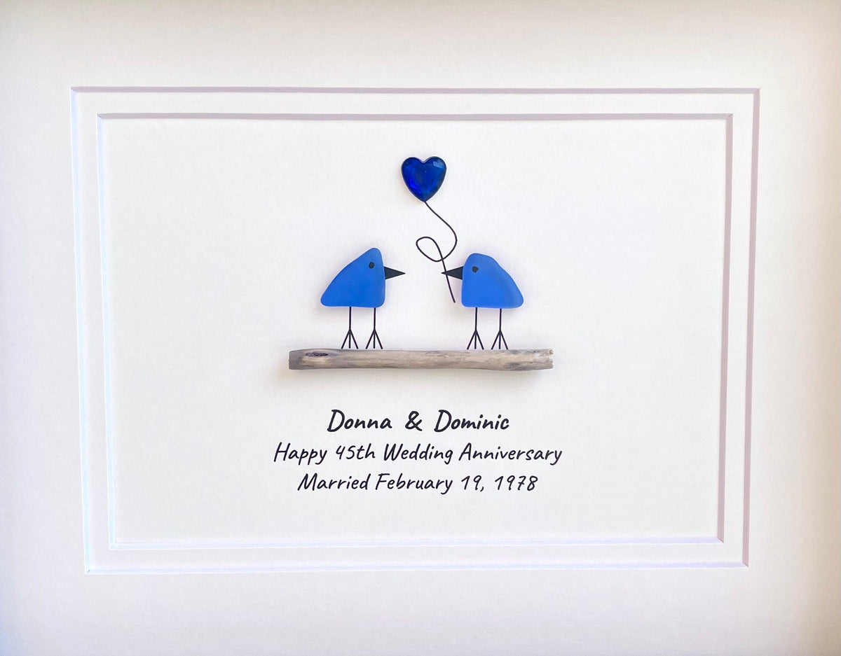 65th Wedding Anniversary Personalized Gift, 8x10” Framed Sea Glass Art, Blue Sapphire Anniversary Gift for Parents, Wife, Husband