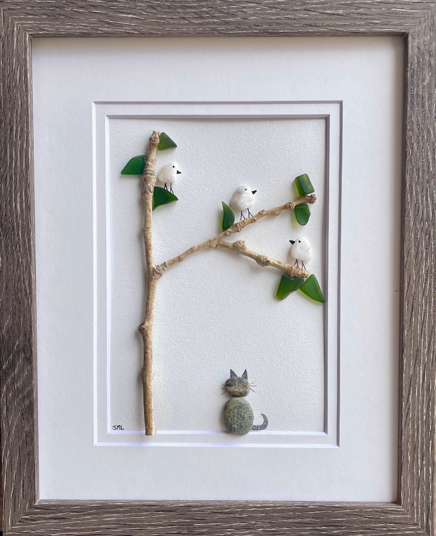 Pebble Art Cat Watching Birds, Framed Sea Glass and Driftwood, 8x10