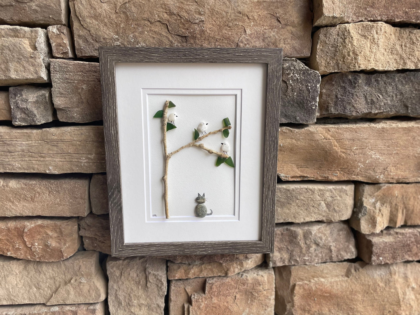 Pebble Art Cat Watching Birds, Framed Sea Glass and Driftwood, 8x10