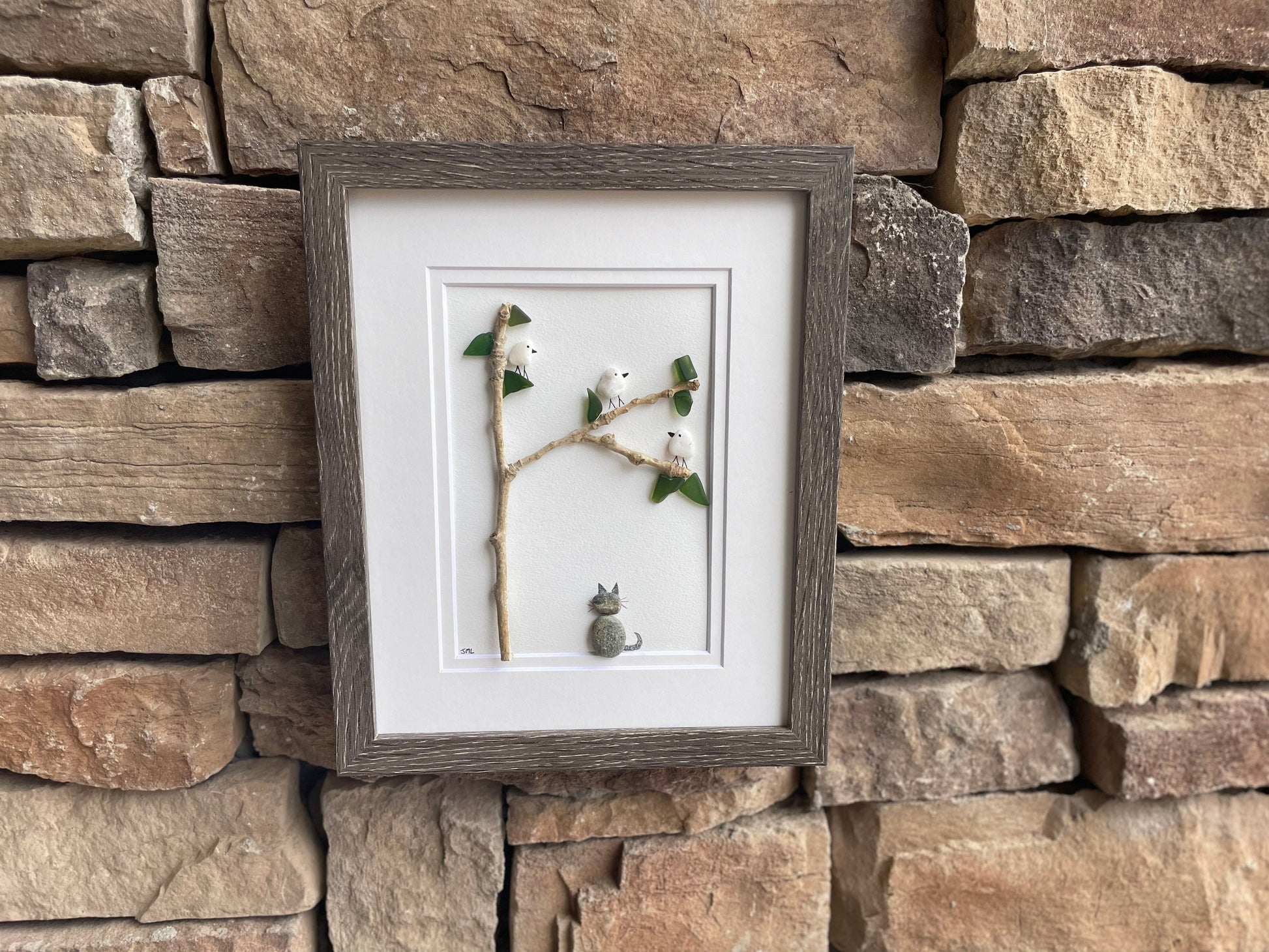 Pebble Art Cat Watching Birds, Framed Sea Glass and Driftwood, 8x10