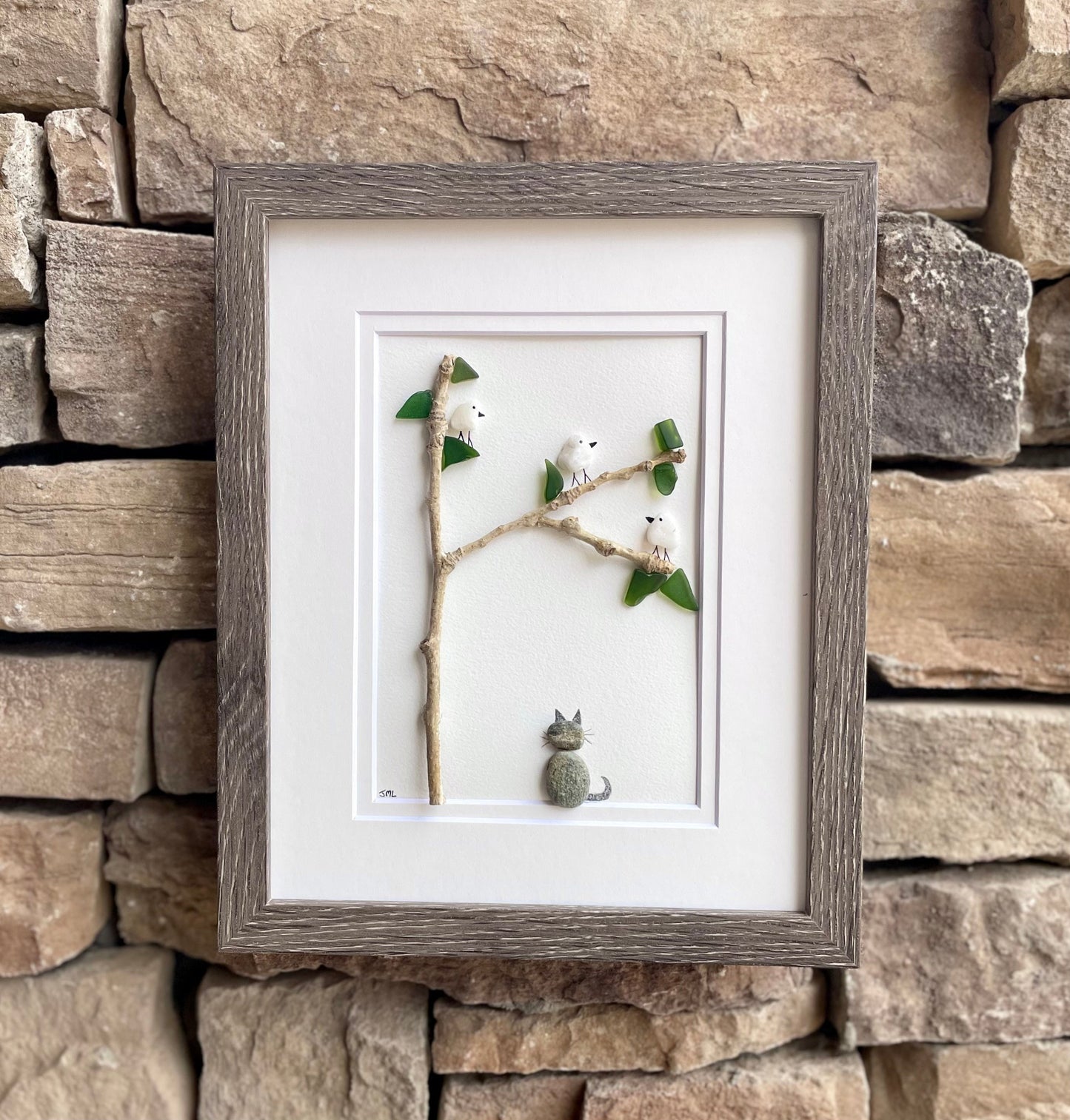 Pebble Art Cat Watching Birds, Framed Sea Glass and Driftwood, 8x10