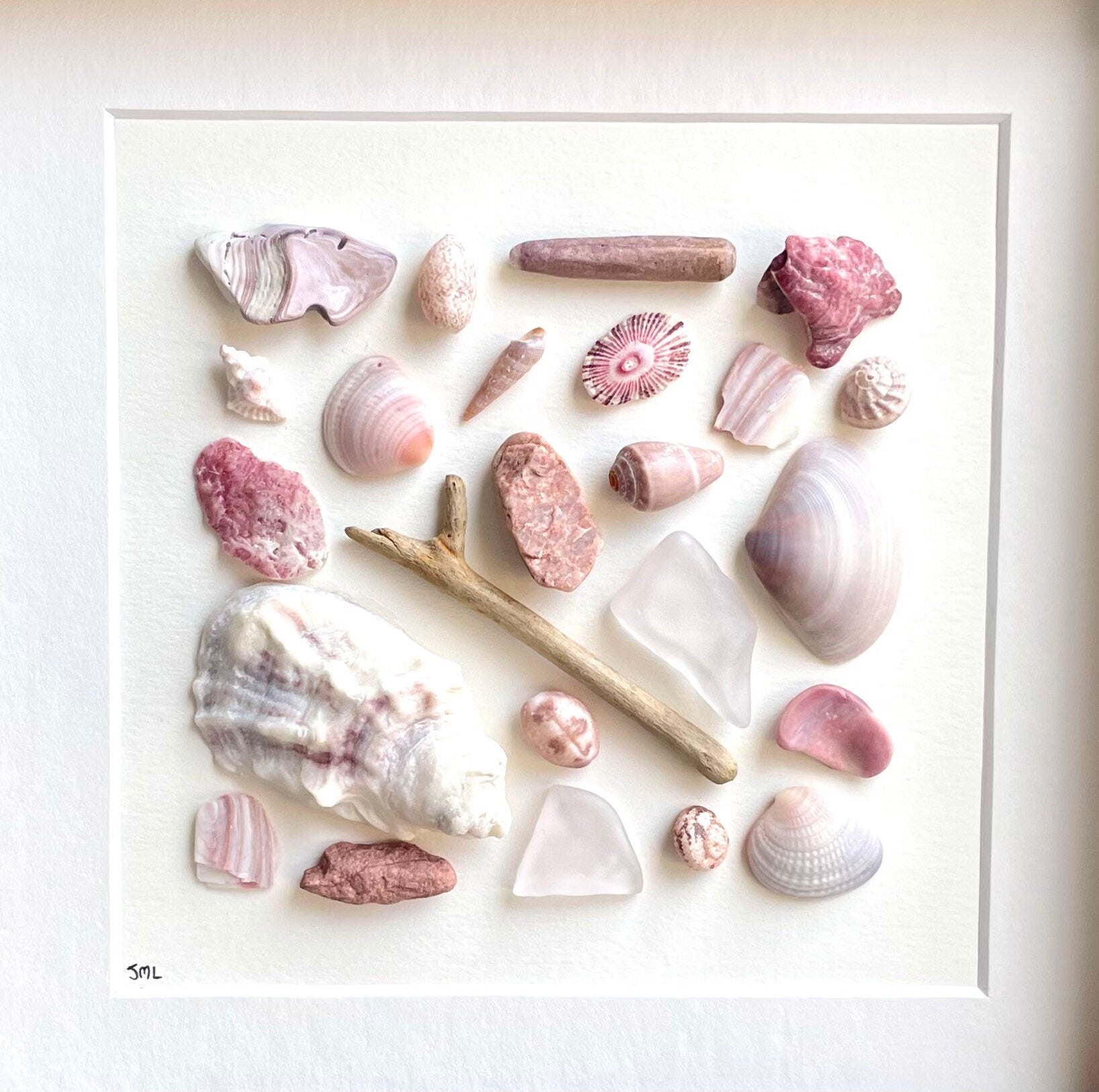 Pink and Purple Beach Art Shells, Sea Glass and Pottery Art, 9x9 Minimalist Beach Decor