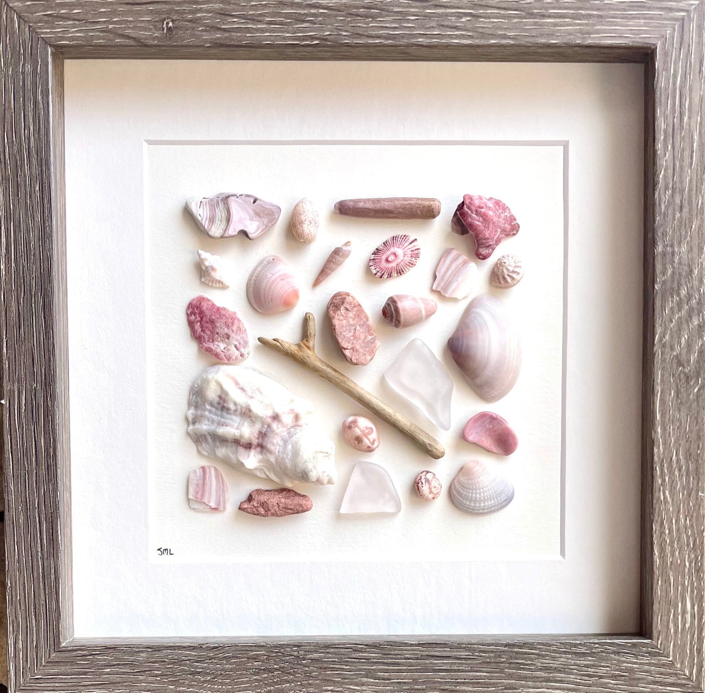 Pink and Purple Beach Art Shells, Sea Glass and Pottery Art, 9x9 Minimalist Beach Decor