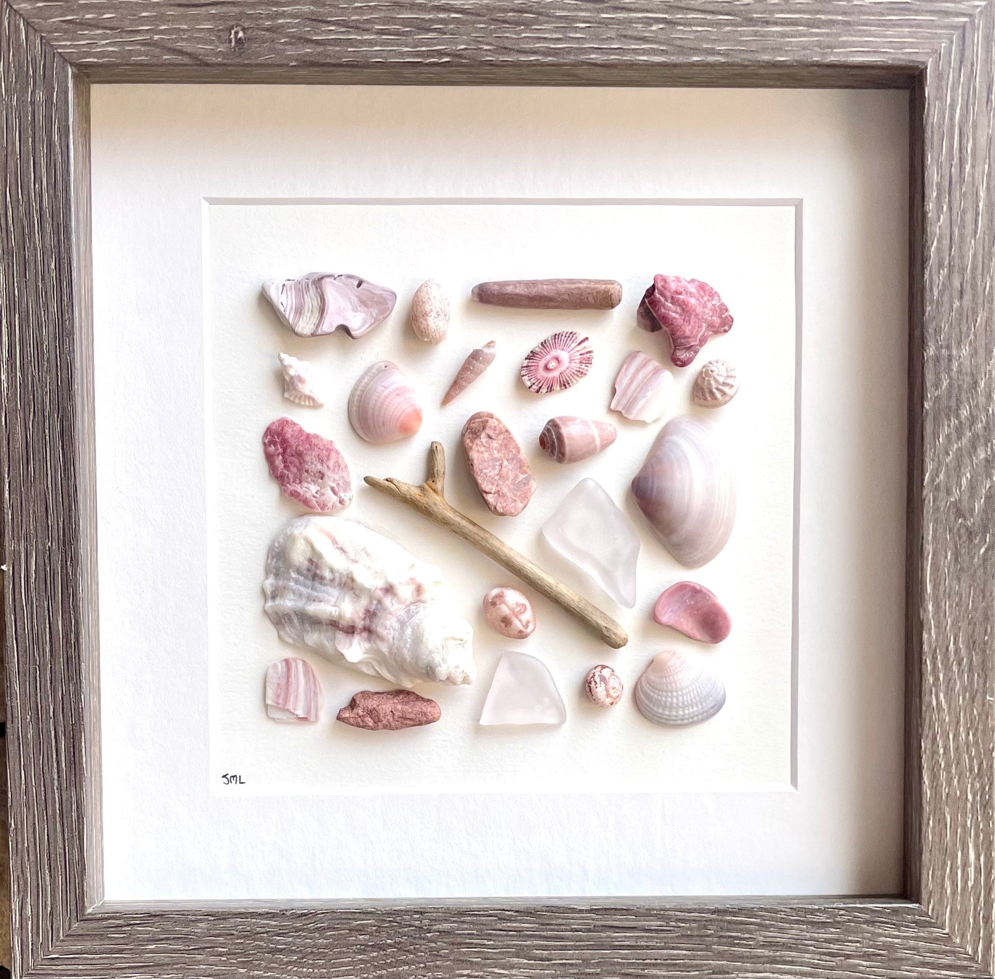 Pink and Purple Beach Art Shells, Sea Glass and Pottery Art, 9x9 Minimalist Beach Decor