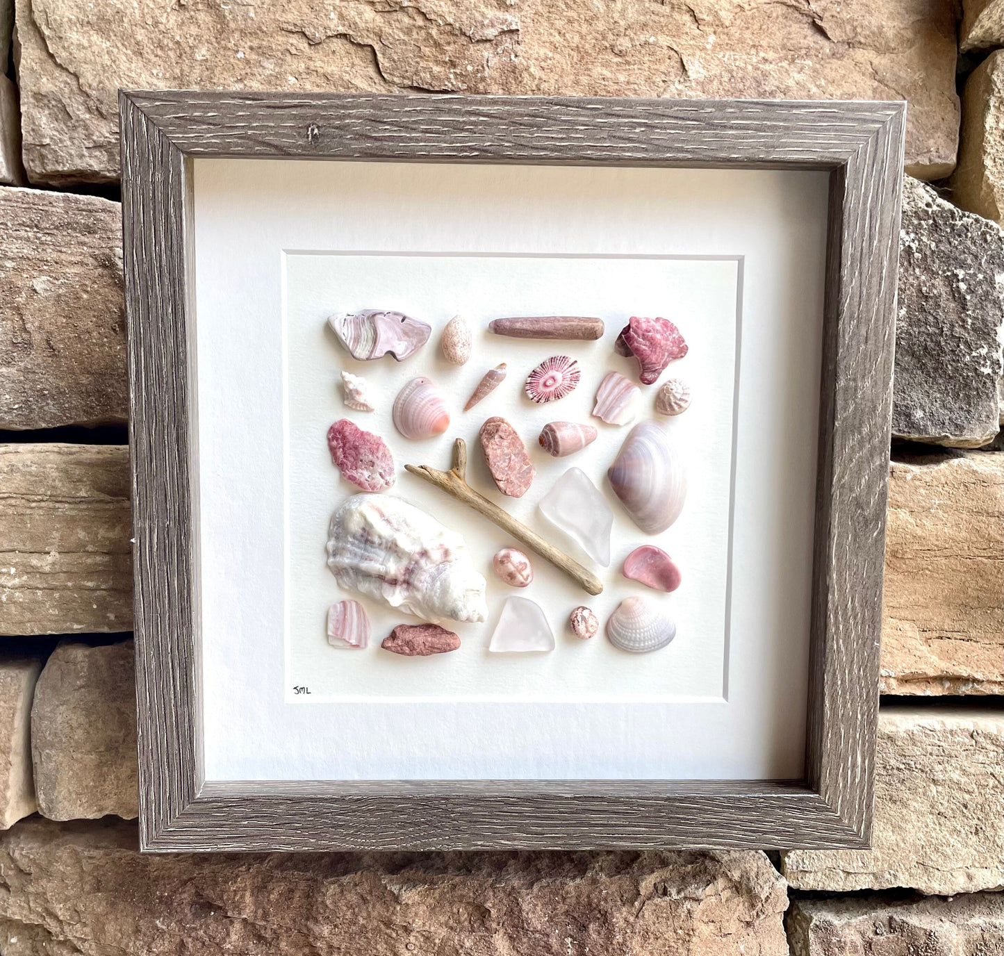 Pink and Purple Beach Art Shells, Sea Glass and Pottery Art, 9x9 Minimalist Beach Decor
