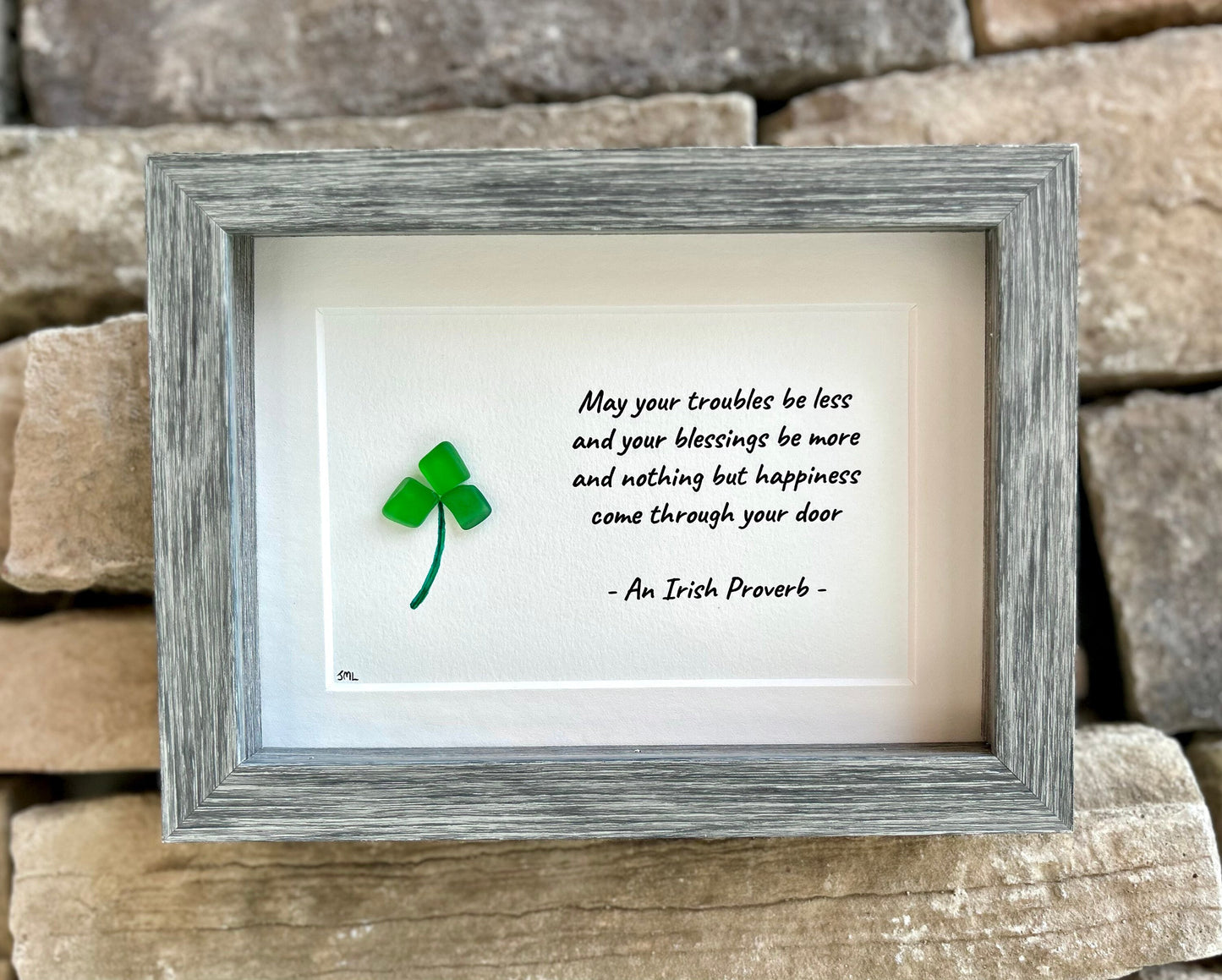 Irish Blessing Shamrock Sea Glass Art, 5x7 Framed Picture, St Patrick’s Day, Ireland