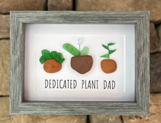 Dedicated Plant Dad | Art for Gardener | Gift for Plant Lover | Plants in Clay Pots | Gift for Mom | Gift for Dad | 5x7 Sea Glass Art