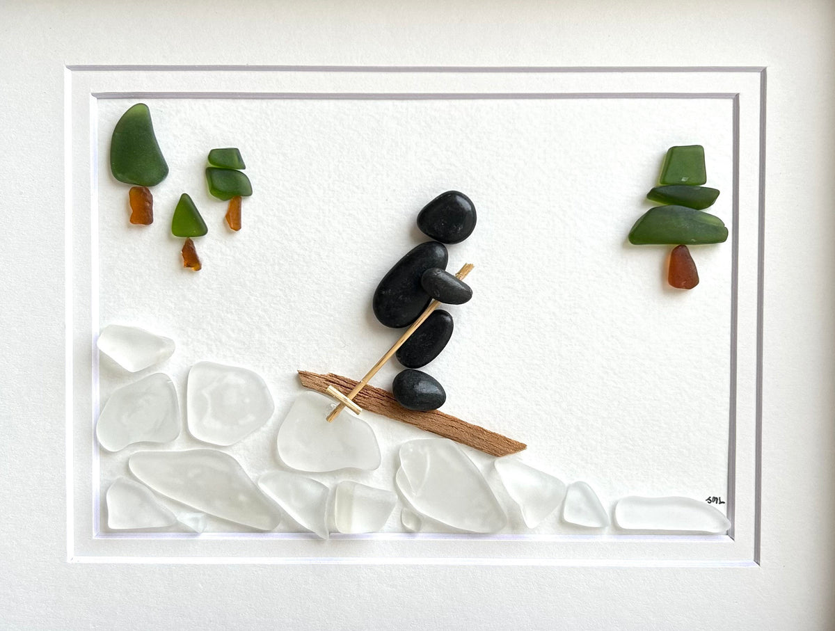 Skiing Pebble and Sea Glass Picture, 8x10 Framed Handmade Art, Gift for Skier, Ski Lover