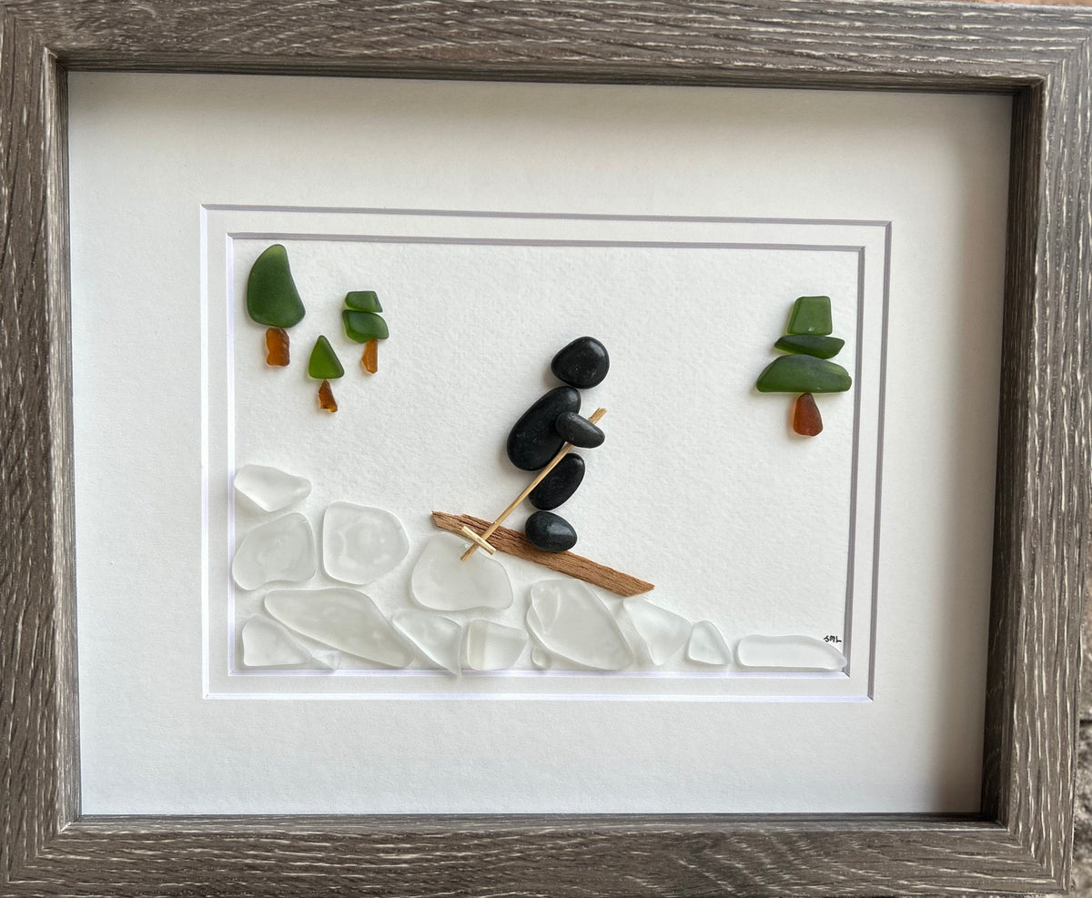 Skiing Pebble and Sea Glass Picture, 8x10 Framed Handmade Art, Gift for Skier, Ski Lover