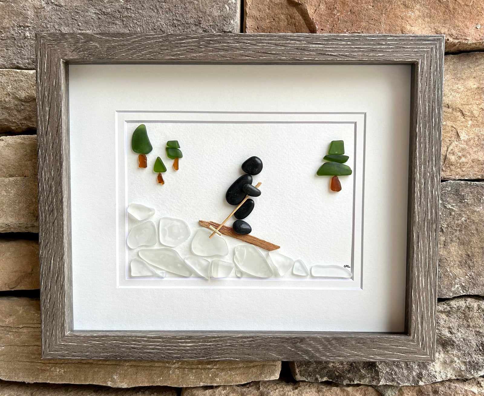 Skiing Pebble and Sea Glass Picture, 8x10 Framed Handmade Art, Gift for Skier, Ski Lover