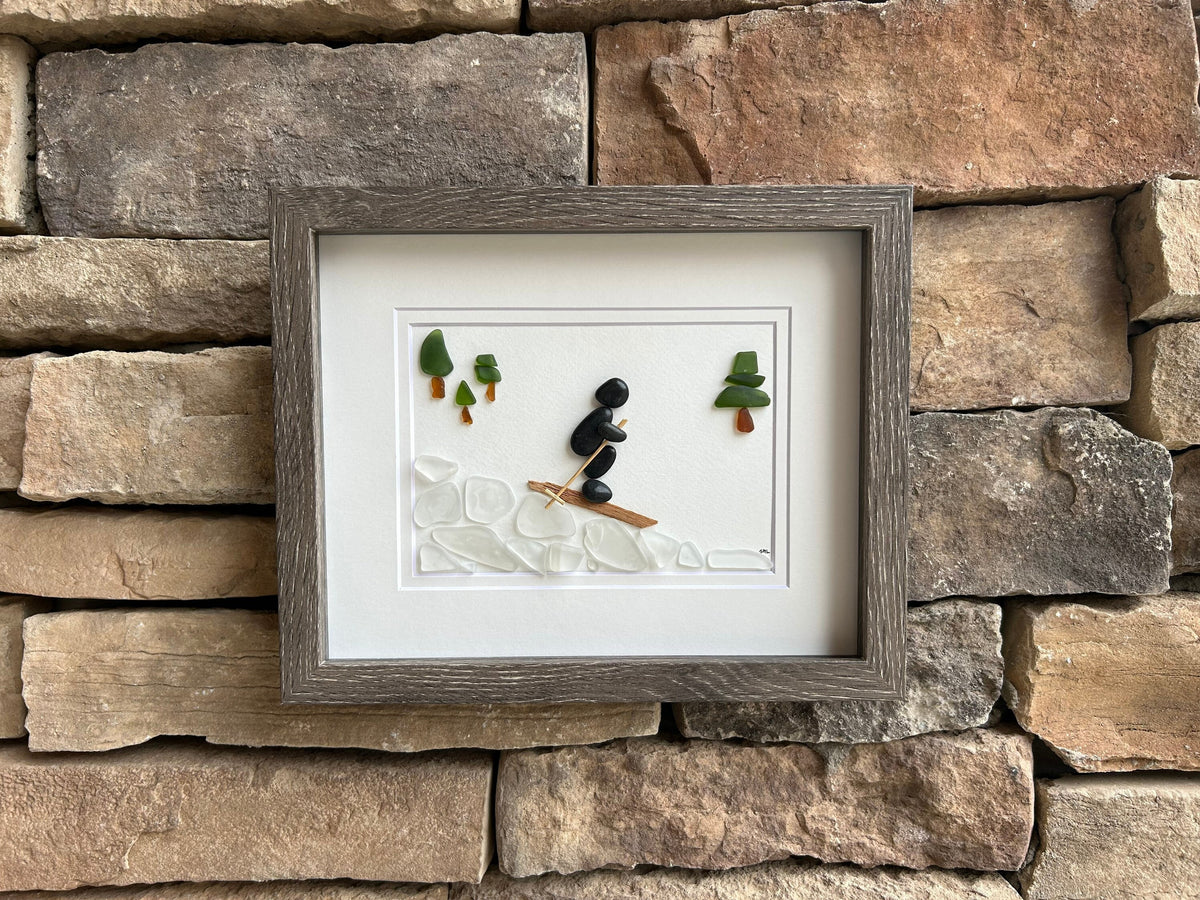 Skiing Pebble and Sea Glass Picture, 8x10 Framed Handmade Art, Gift for Skier, Ski Lover