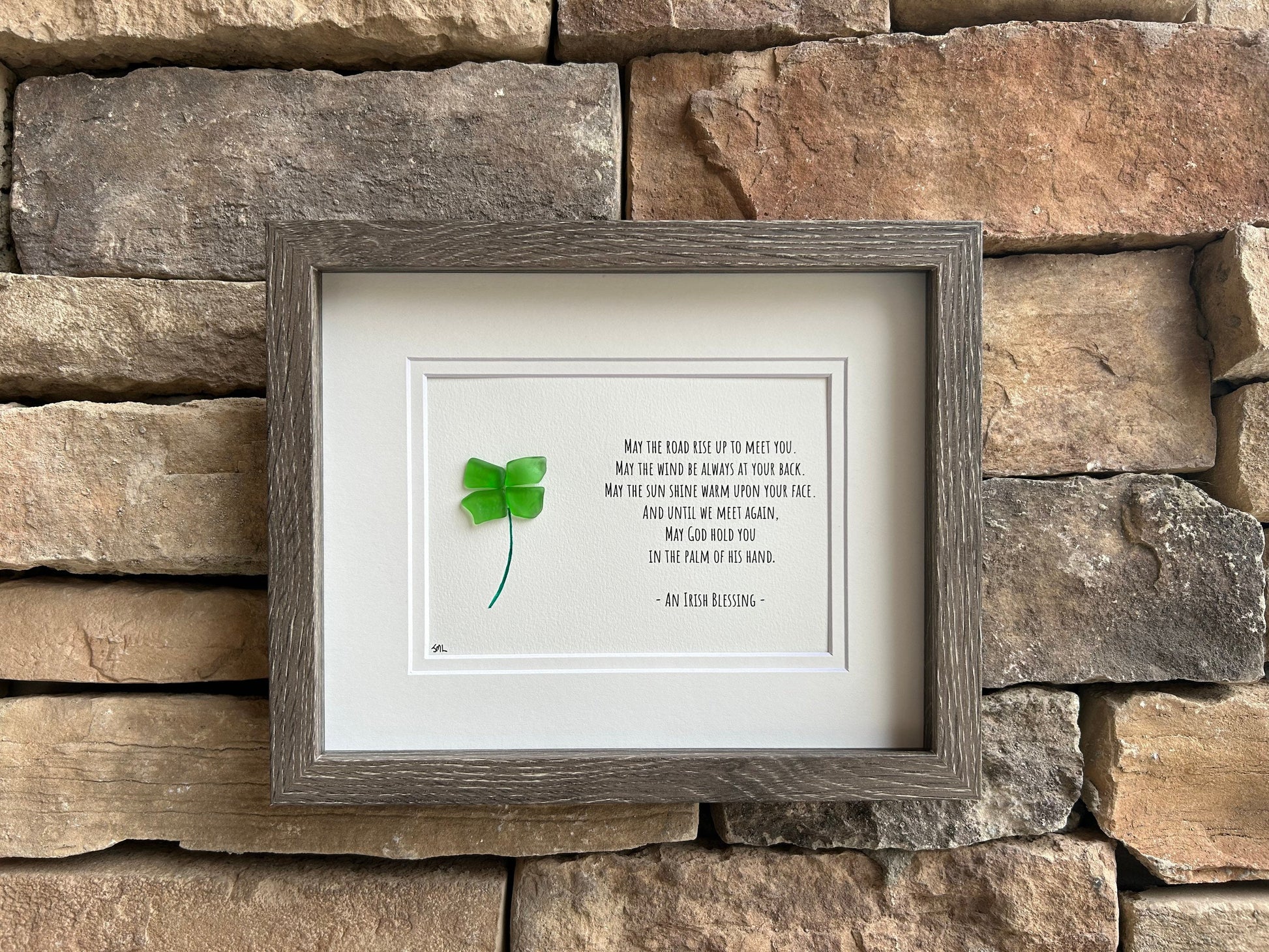 Irish Sea Glass Shamrock Framed Art, St. Patrick's Day Blessing