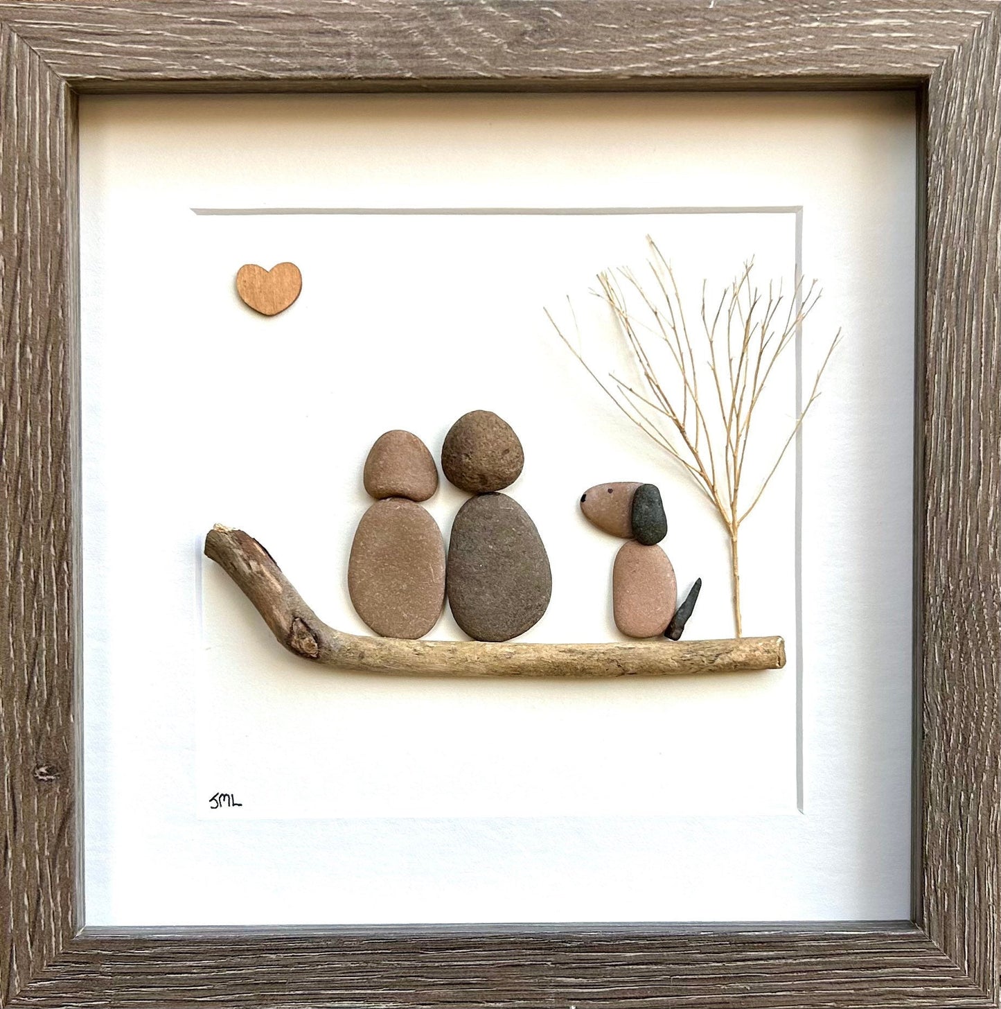 Couple with Dog Pebble Art, 8x8 Framed Picture, Personalized Pet Artwork, Perfect Gift for Dog Owners