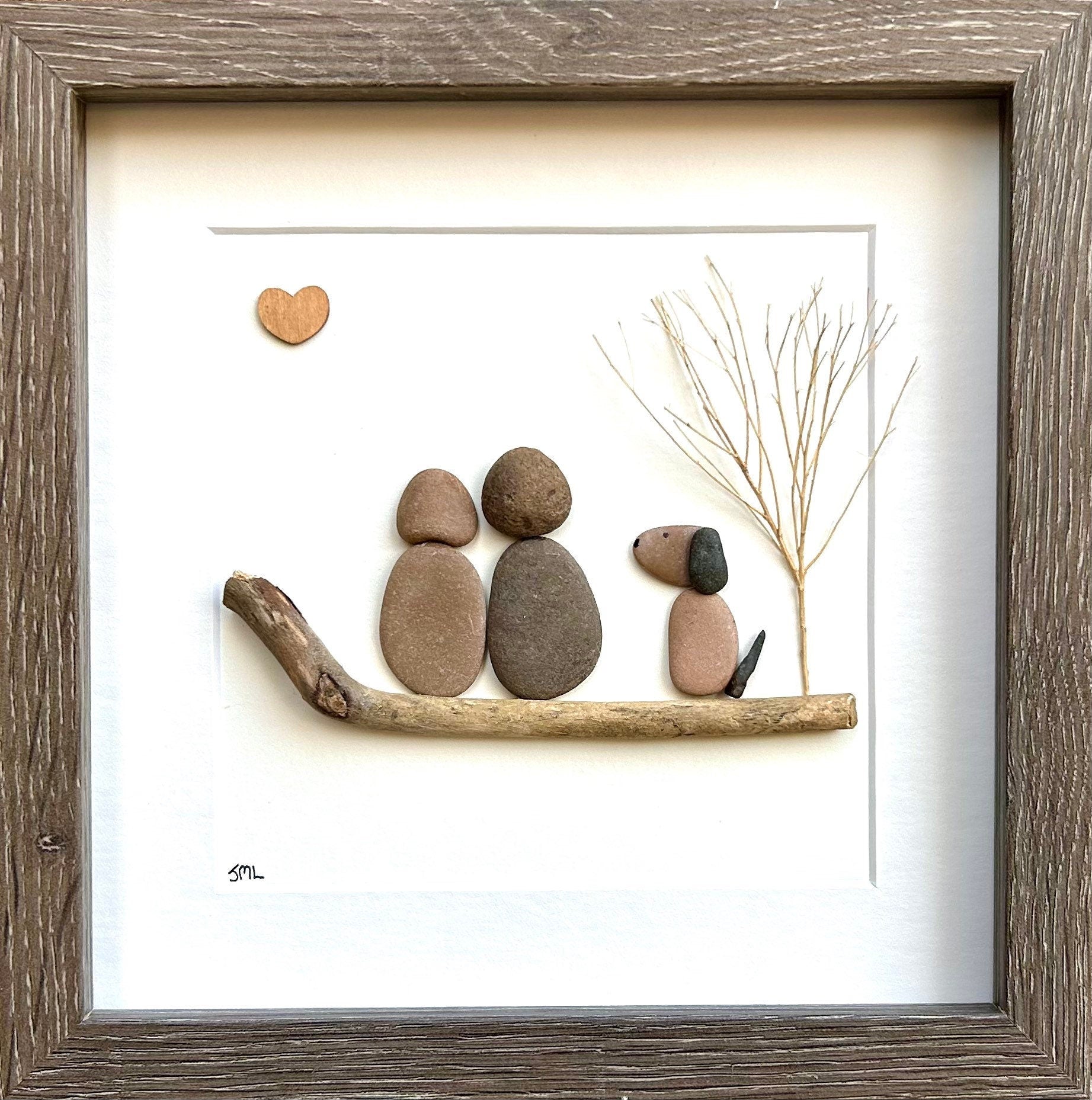 Couple with Dog Pebble Art, 8x8 Framed Picture, Personalized Pet Artwork, Perfect Gift for Dog Owners
