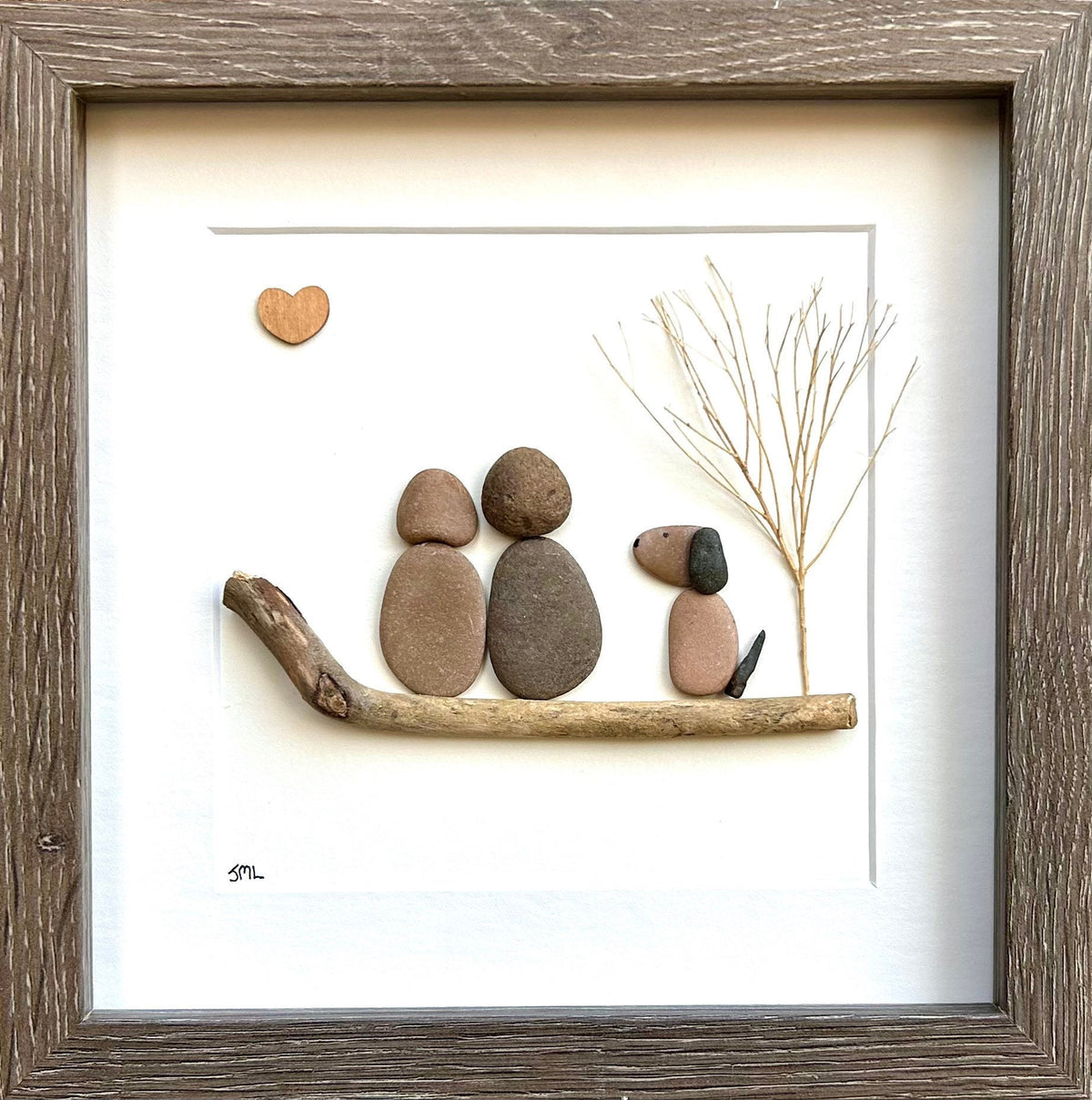 Couple with Dog Pebble Art, 8x8 Framed Picture, Personalized Pet Artwork, Perfect Gift for Dog Owners