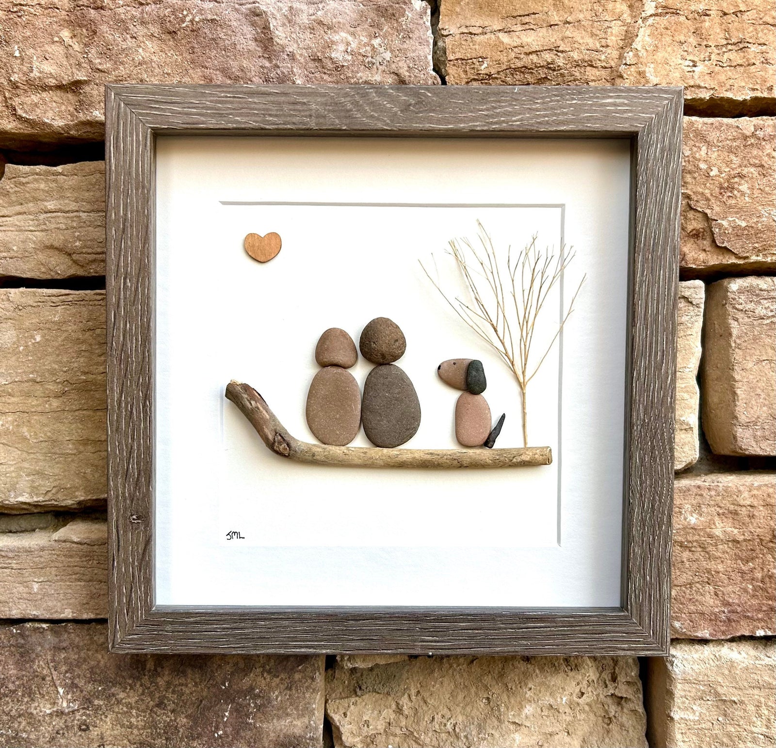 Couple with Dog Pebble Art, 8x8 Framed Picture, Personalized Pet Artwork, Perfect Gift for Dog Owners