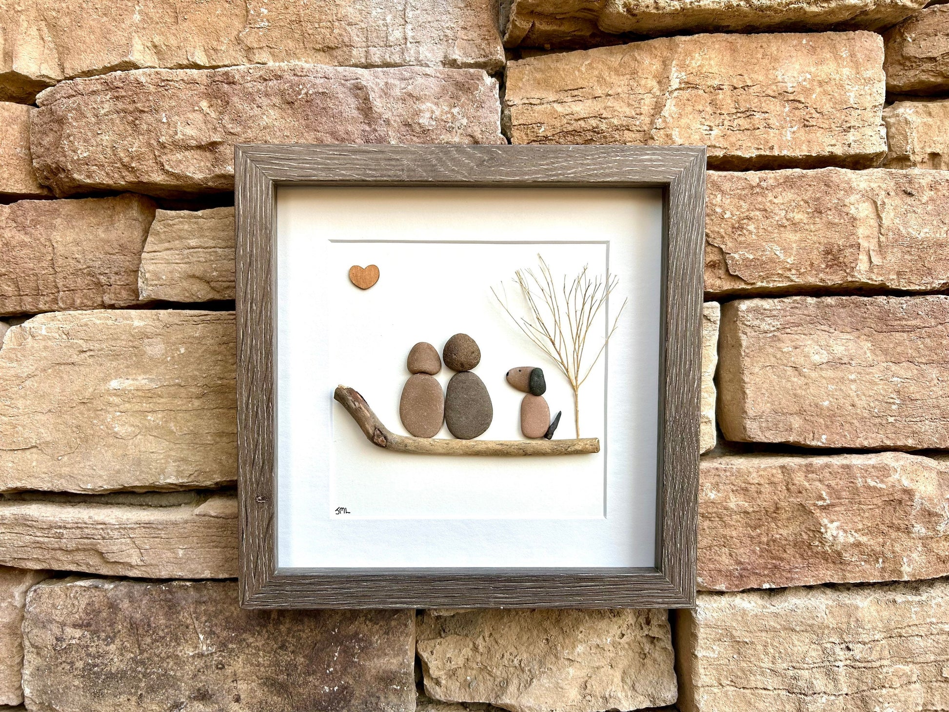 Couple with Dog Pebble Art, 8x8 Framed Picture, Personalized Pet Artwork, Perfect Gift for Dog Owners